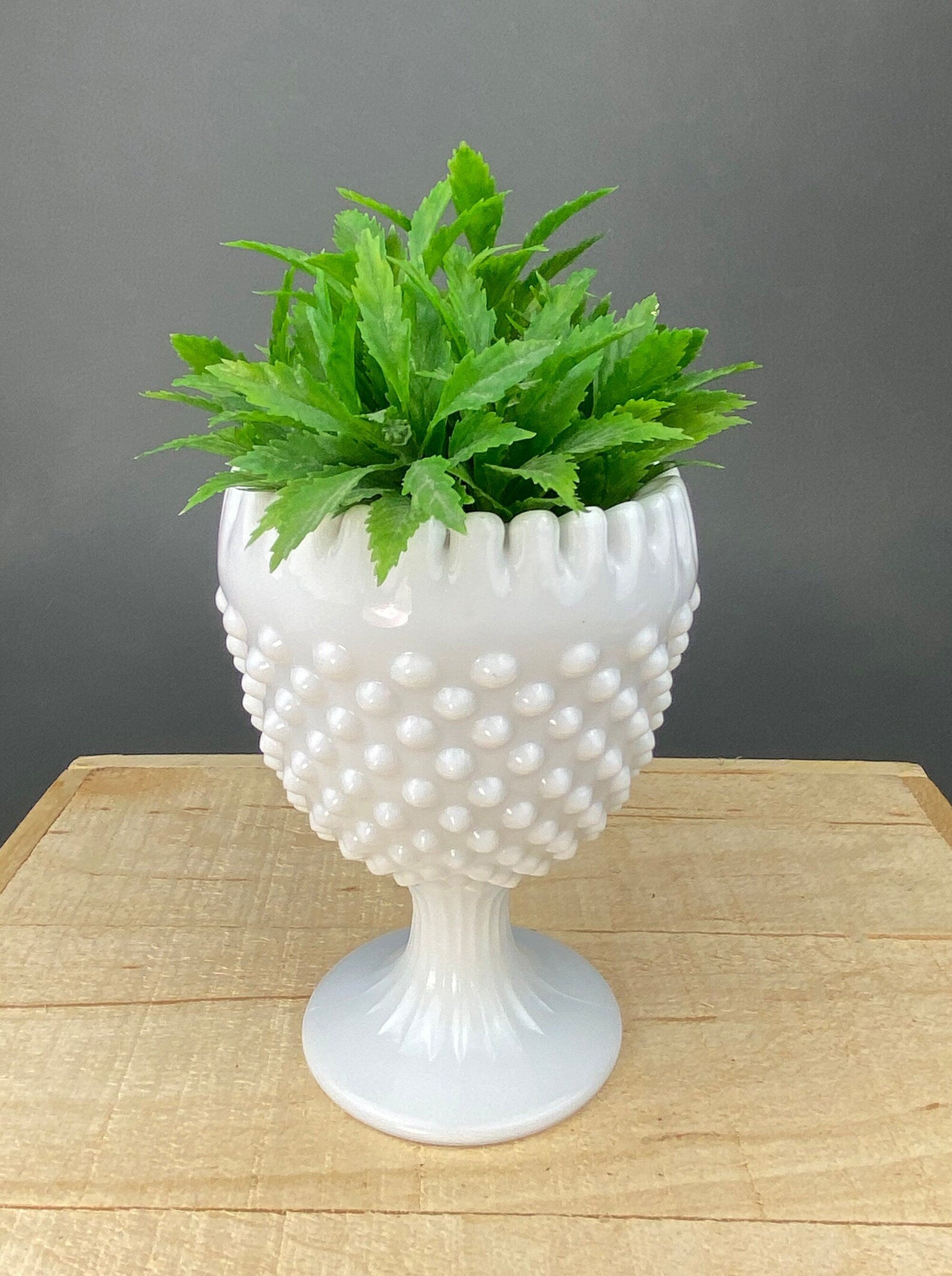 Fenton Milk Glass Compote, Hobnail Scalloped Ruffle Bowl