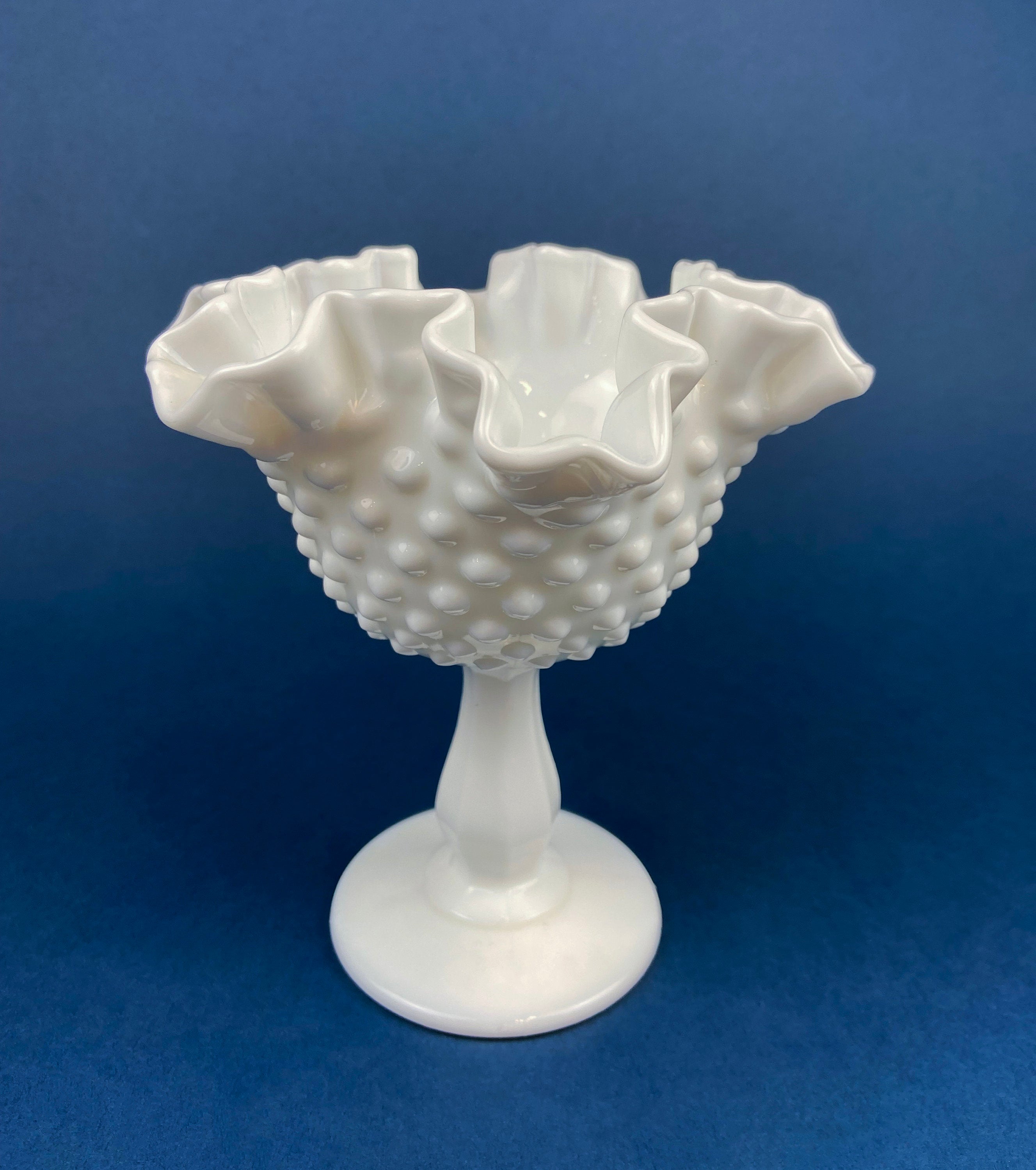 Fenton Milk Glass Compote, Hobnail Scalloped Ruffle Bowl
