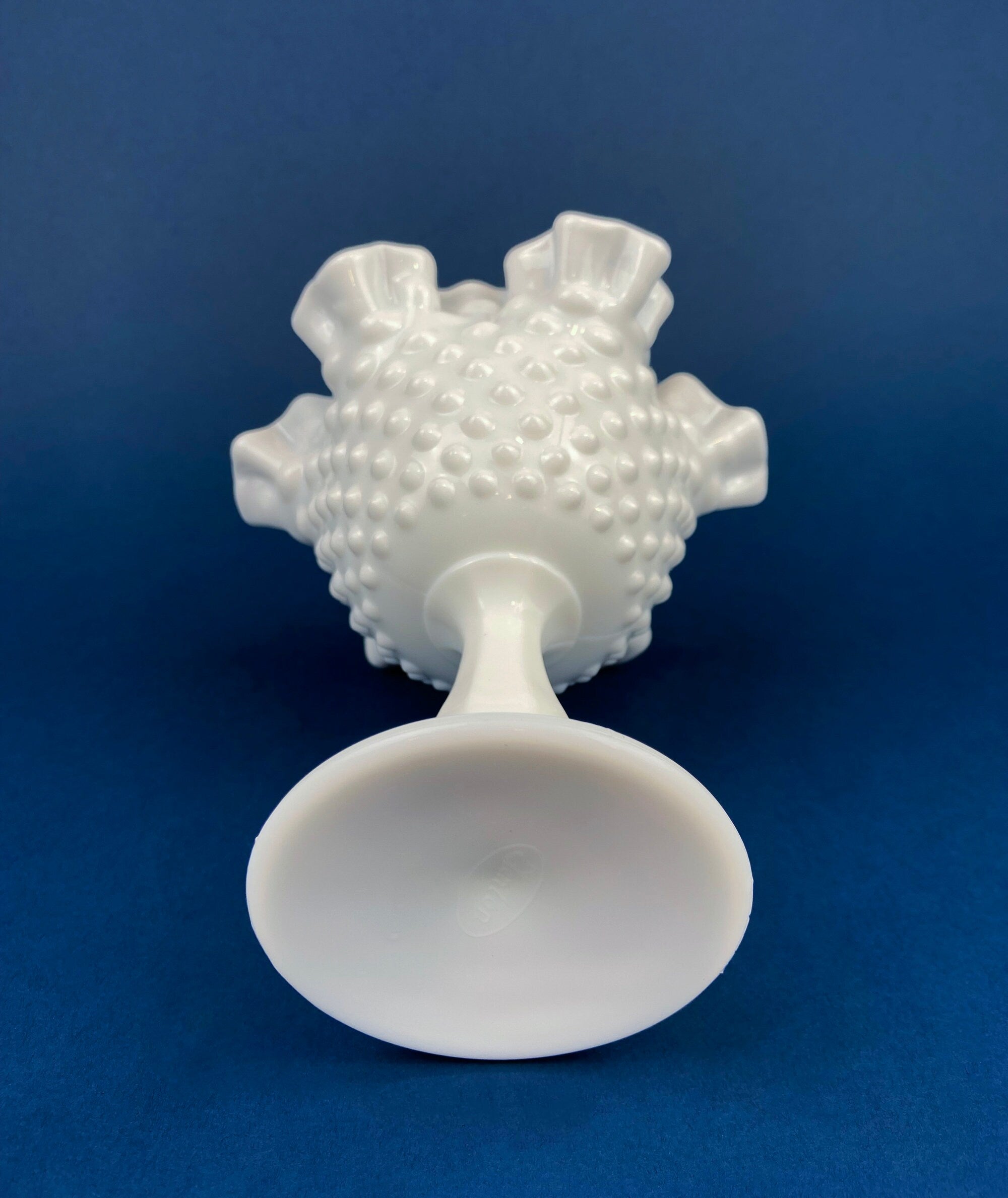 Fenton Milk Glass Compote, Hobnail Scalloped Ruffle Bowl