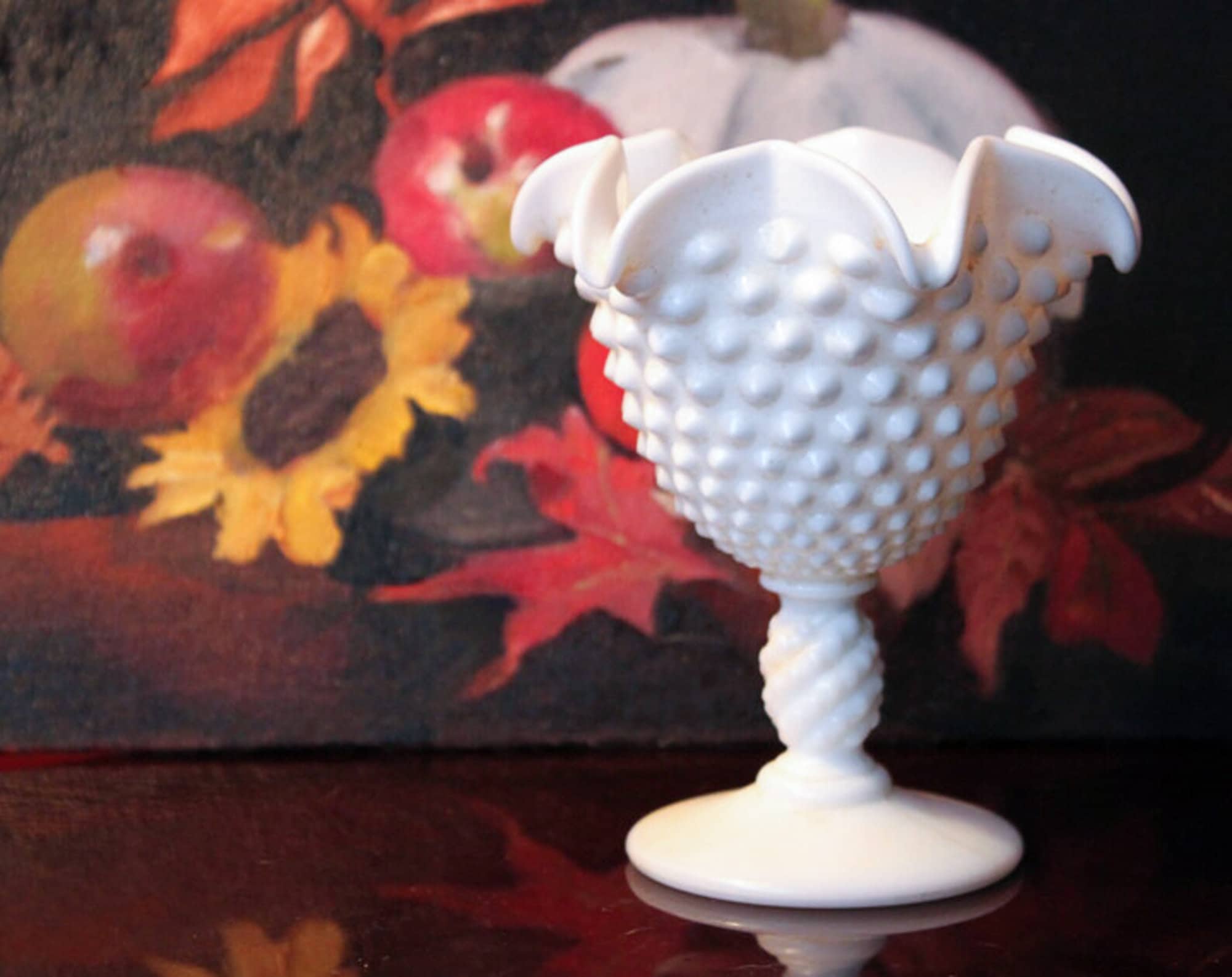 Fenton Milk Glass Compote, Hobnail Scalloped Ruffle Bowl