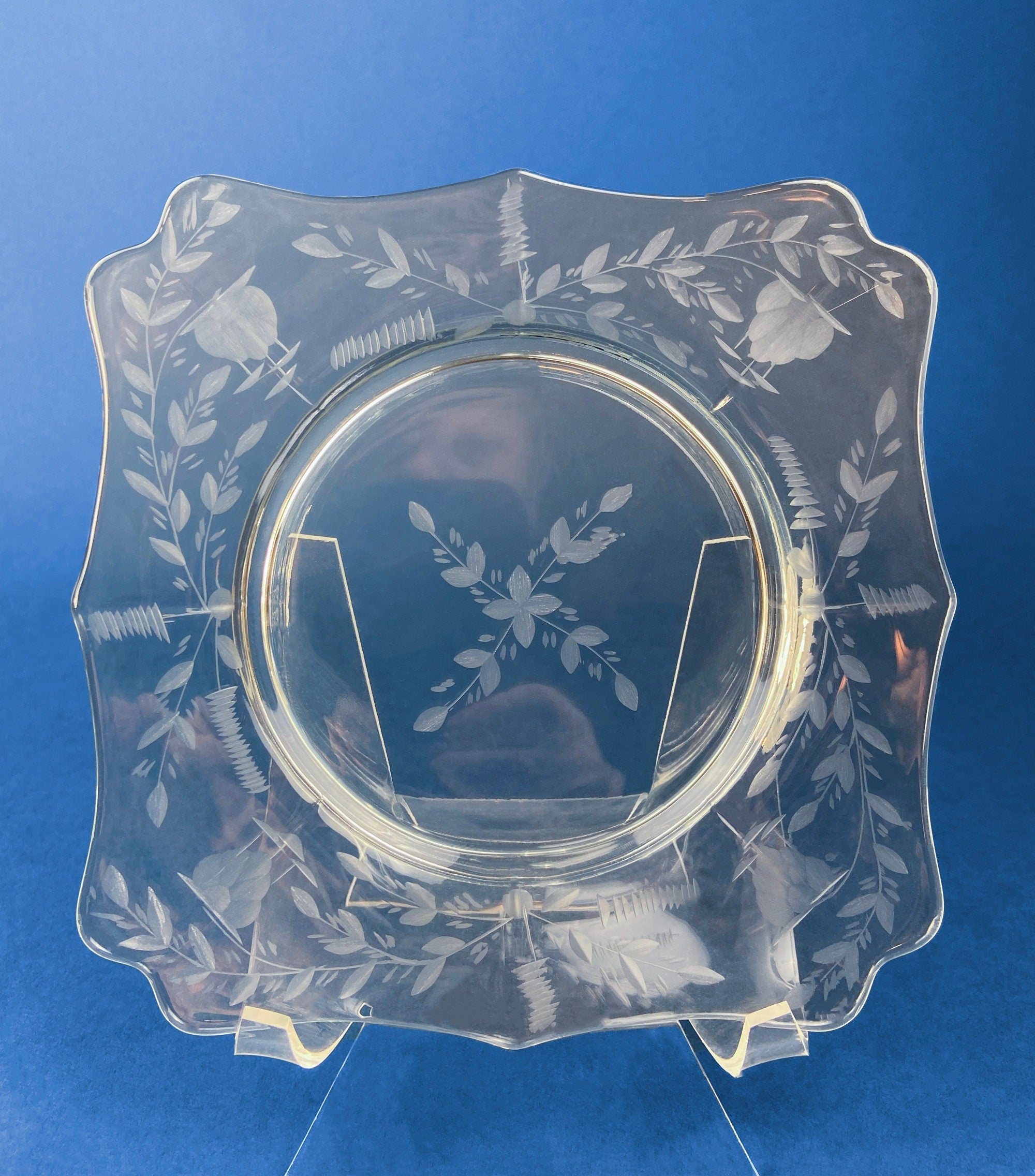 Antique Etched Glass Dessert Plates or Salad Plates. Set of Seven Square Serving Plates with Scalloped Edges. Fine Dining. Glass Tableware.