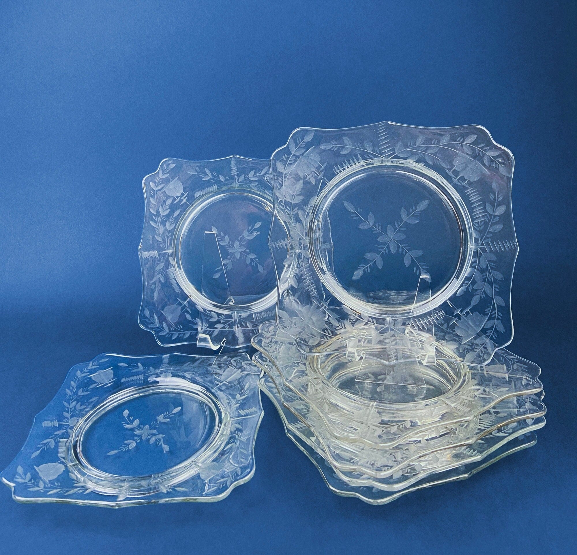 Antique Etched Glass Dessert Plates or Salad Plates. Set of Seven Square Serving Plates with Scalloped Edges. Fine Dining. Glass Tableware.