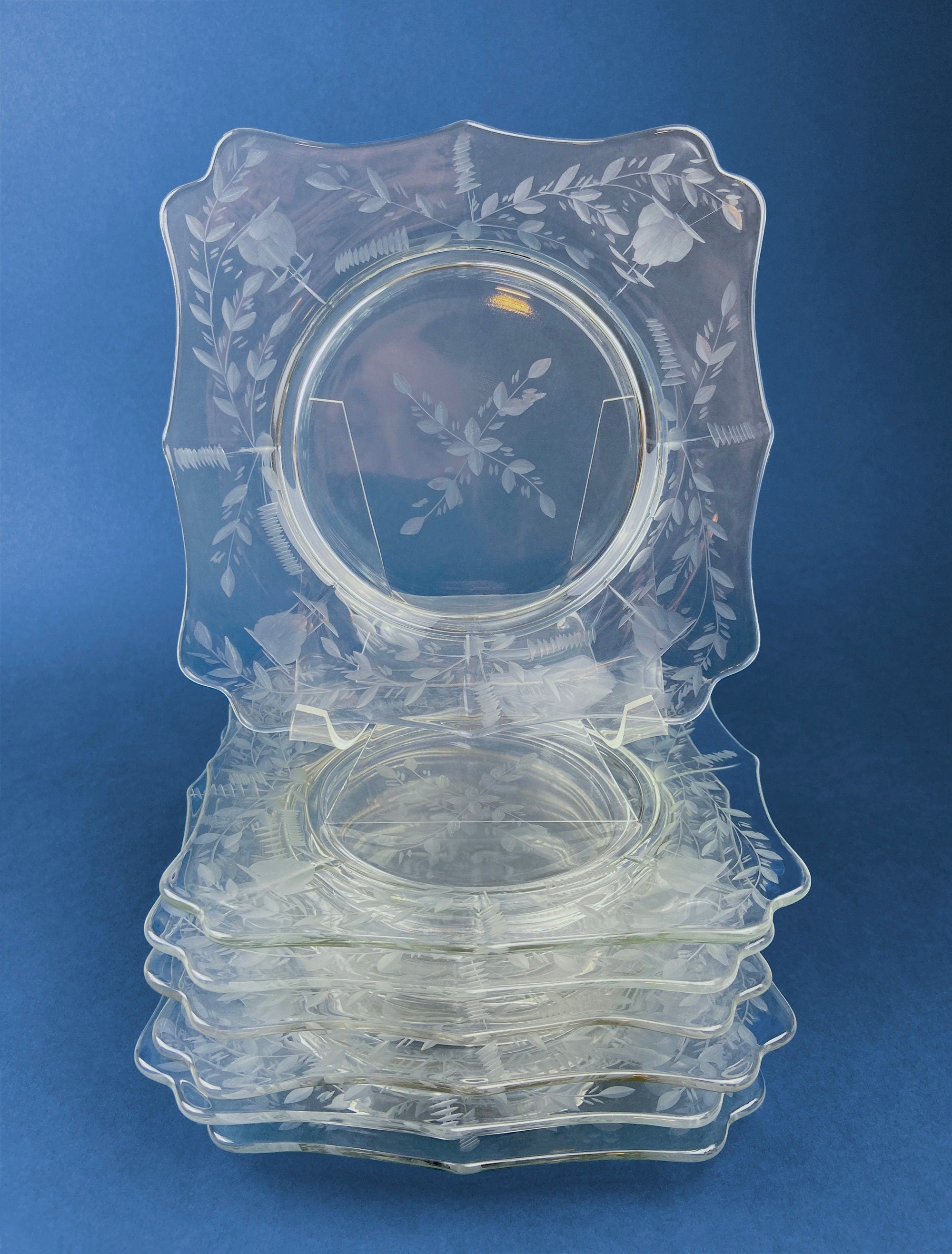 Antique Etched Glass Dessert Plates or Salad Plates. Set of Seven Square Serving Plates with Scalloped Edges. Fine Dining. Glass Tableware.