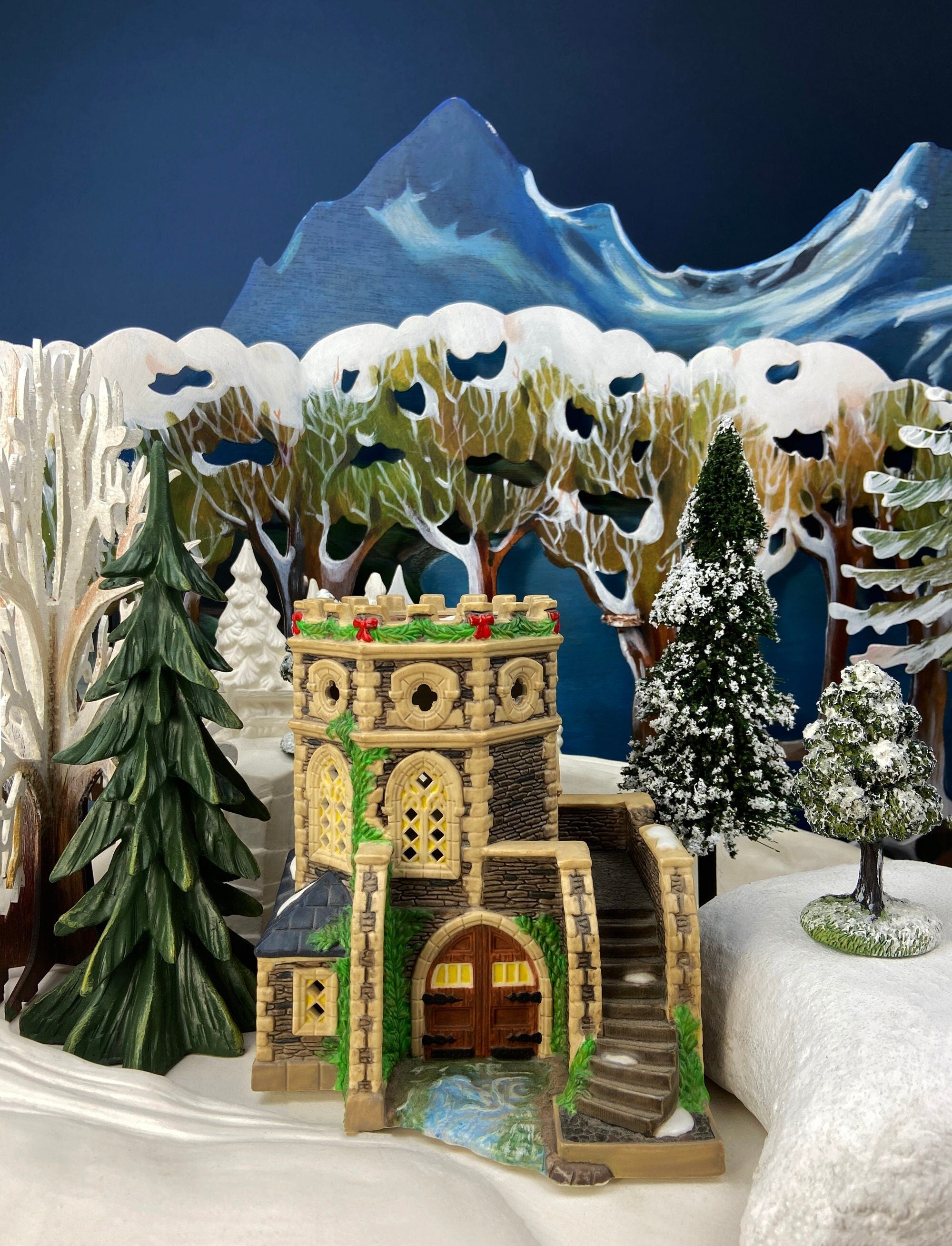 Christmas Village Cedar Valley Chapel Towne Series. Illuminated Blue Church with Stained Glass Window. Santa's Workbench. Night Light.