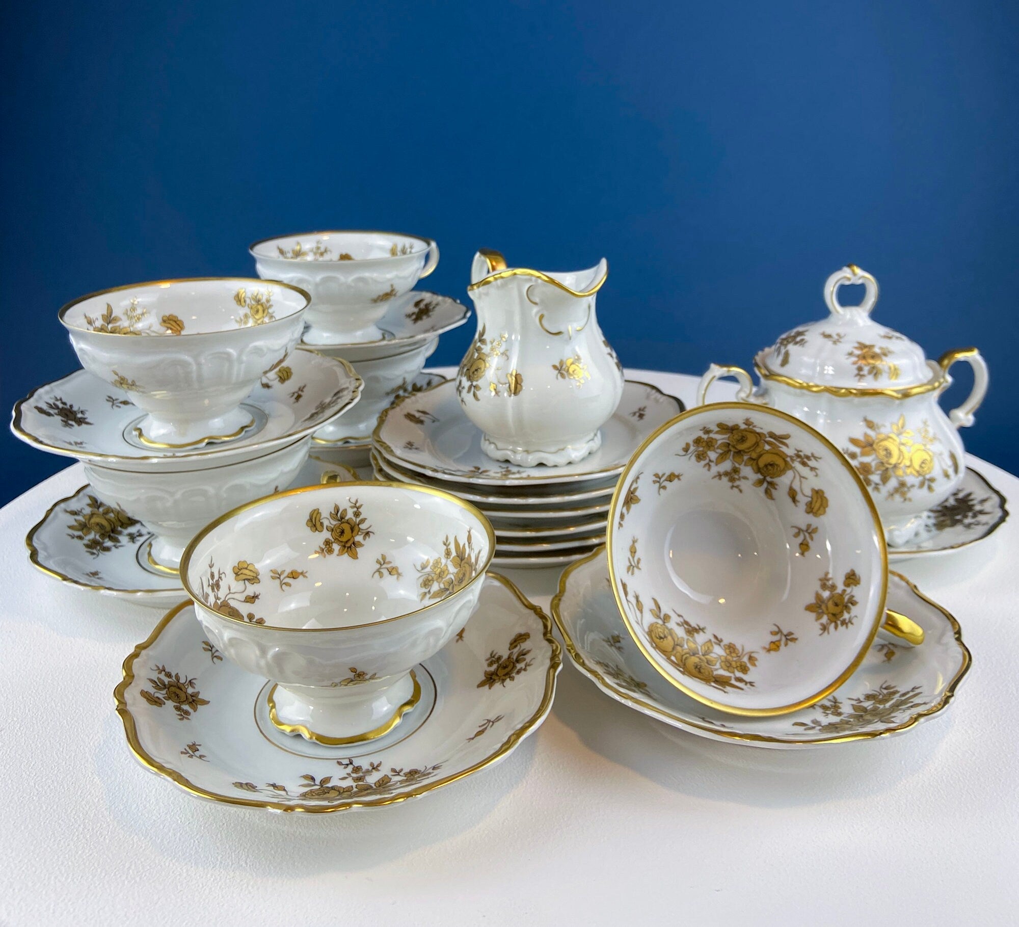 24 Piece Porcelain Dinner Set. Castleton Gloria. Beautiful Neutral Hand Painted Roses. 5 Dinner, Salad, Dessert Plates, Berry Bowls, 4 Cups.