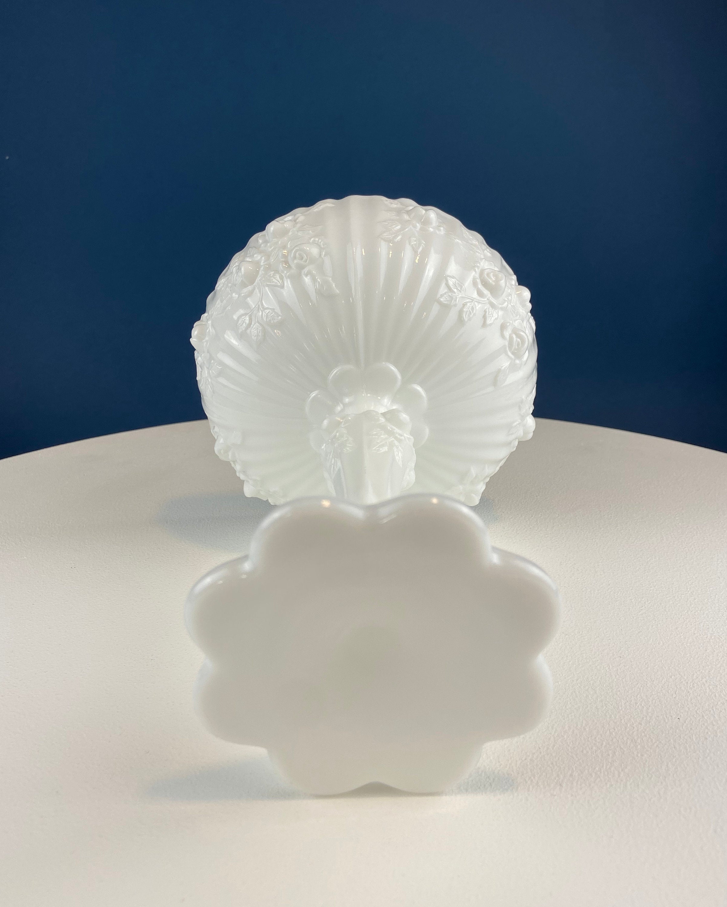 Milk Glass Floral Footed Bowl with Salloped Rim. White Compote with 3-D Roses. Serving Dish for Fruit or Nuts Bowl. Bedroom Console Decor.