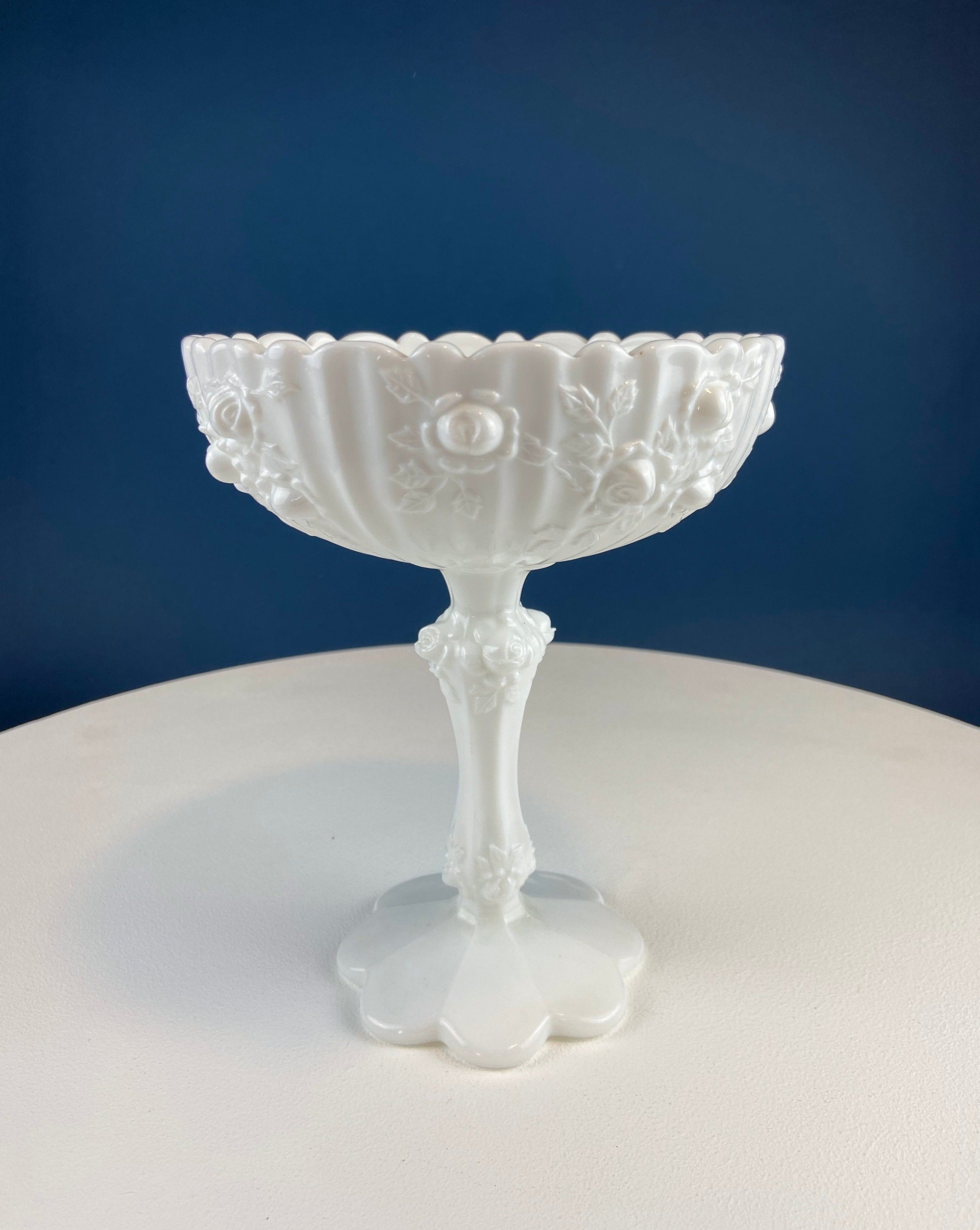 Milk Glass Floral Footed Bowl with Salloped Rim. White Compote with 3-D Roses. Serving Dish for Fruit or Nuts Bowl. Bedroom Console Decor.