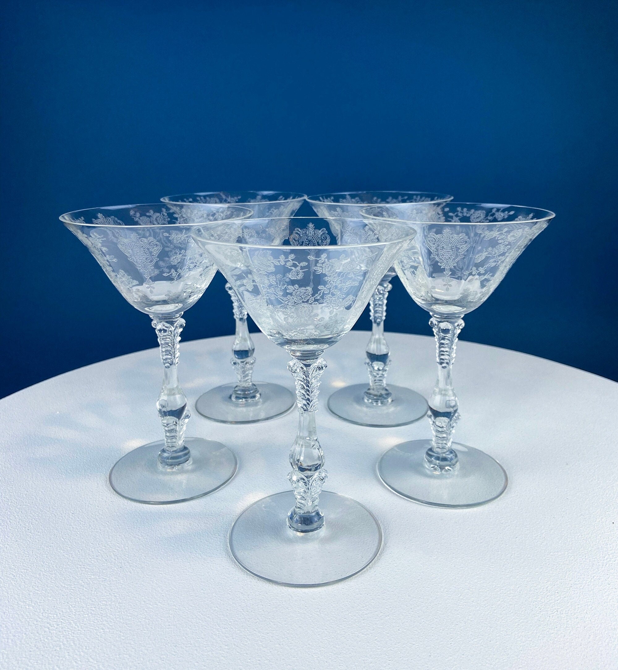 Crystal Champagne Glasses with Ball Stem. Enchantress by Mikasa. Frosted Ball Shaped like Berries & Leaves. Set of 11. Beautiful Ping.
