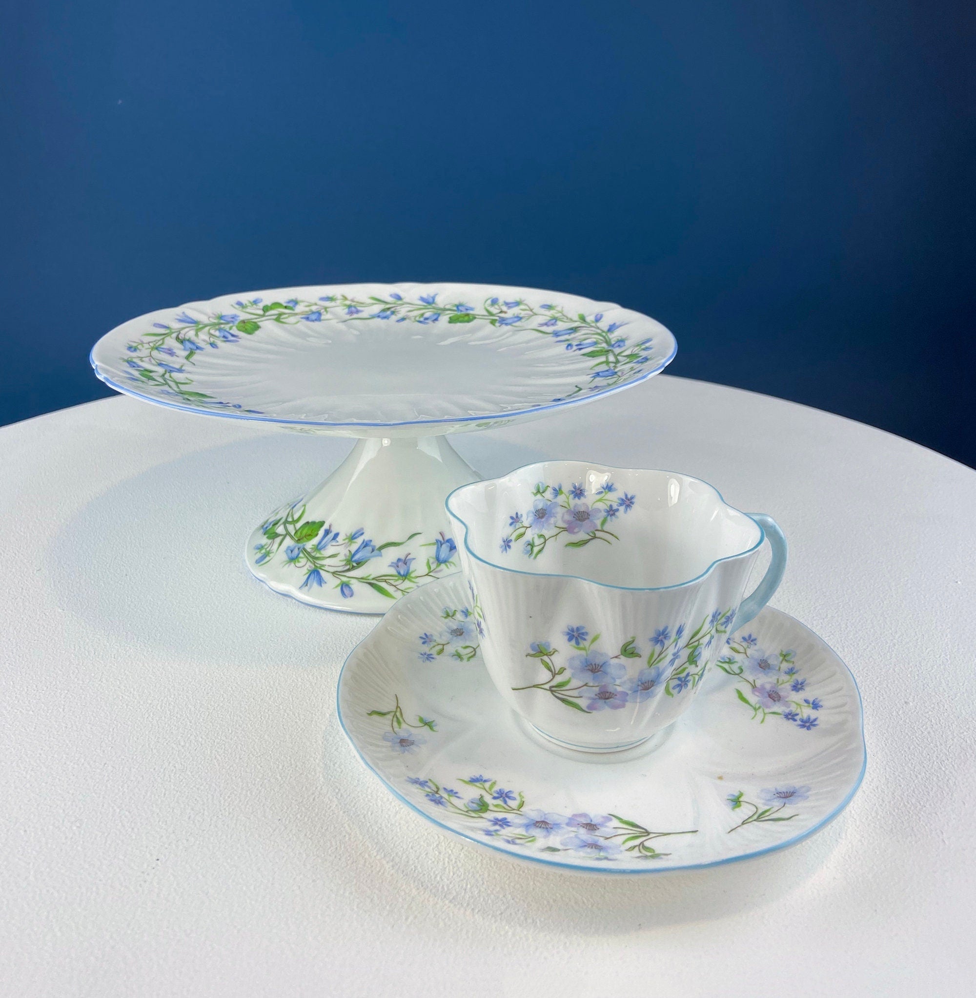 Antique Shelley Cup and Saucer with Begonia Motif . Beautiful, Fine Porcelain. Colorful Flowers and Blue Handle. French Country Living.