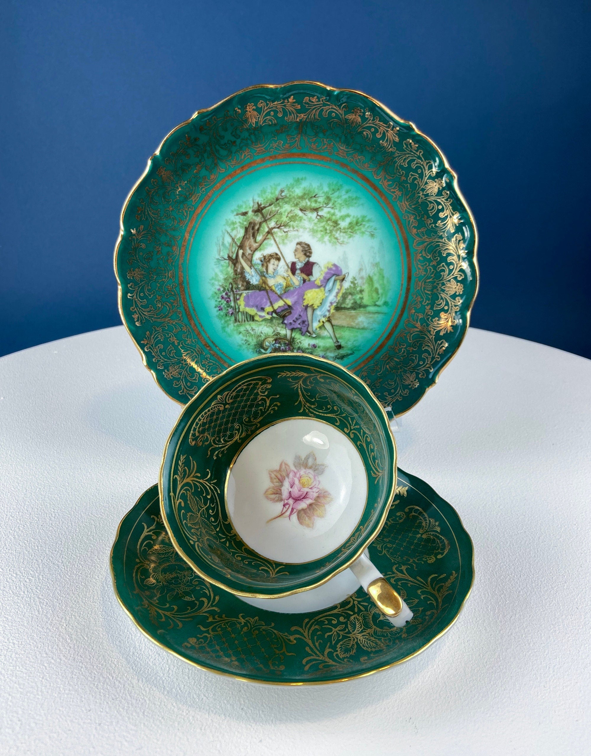 Vintage Schumann Arzberg Tea Cup Trio: Deep Green Bavarian Porcelain