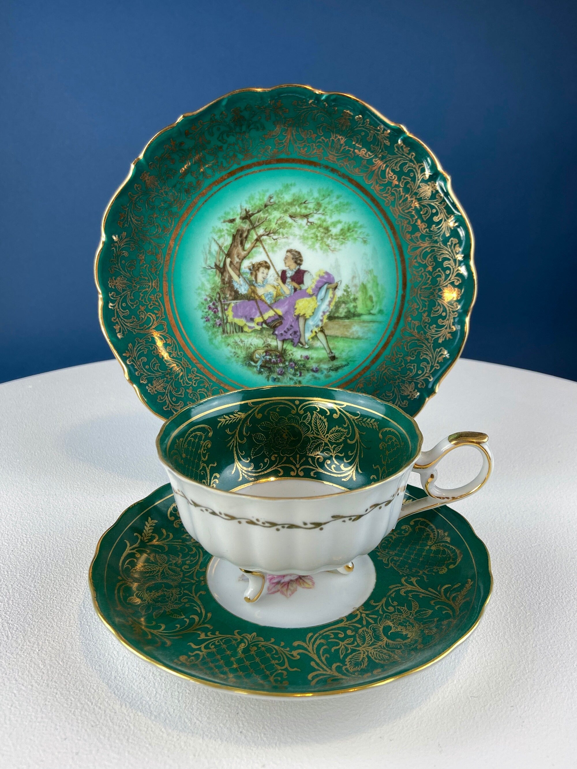 Vintage Schumann Arzberg Tea Cup Trio: Deep Green Bavarian Porcelain