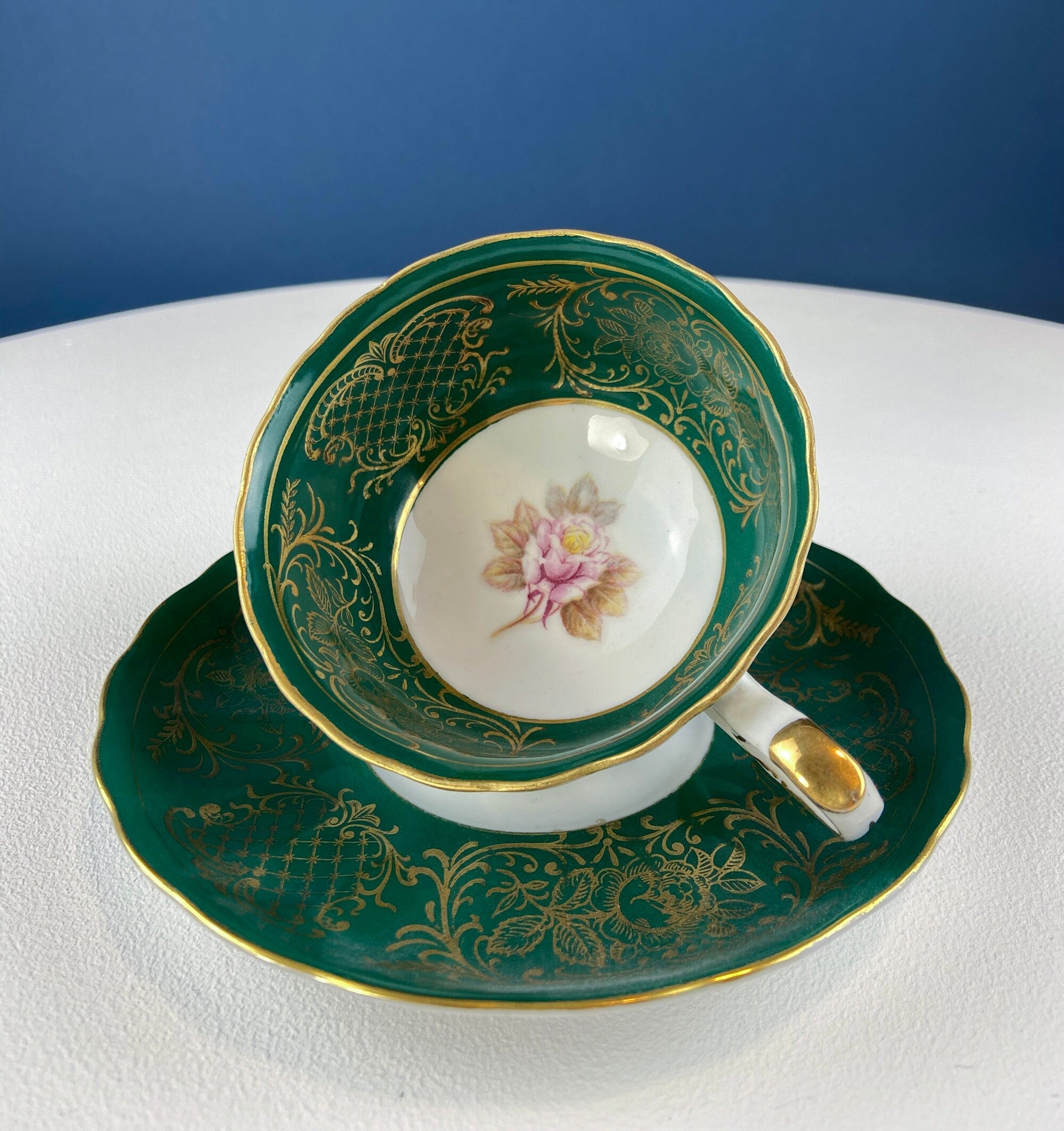 Vintage Schumann Arzberg Tea Cup Trio: Deep Green Bavarian Porcelain