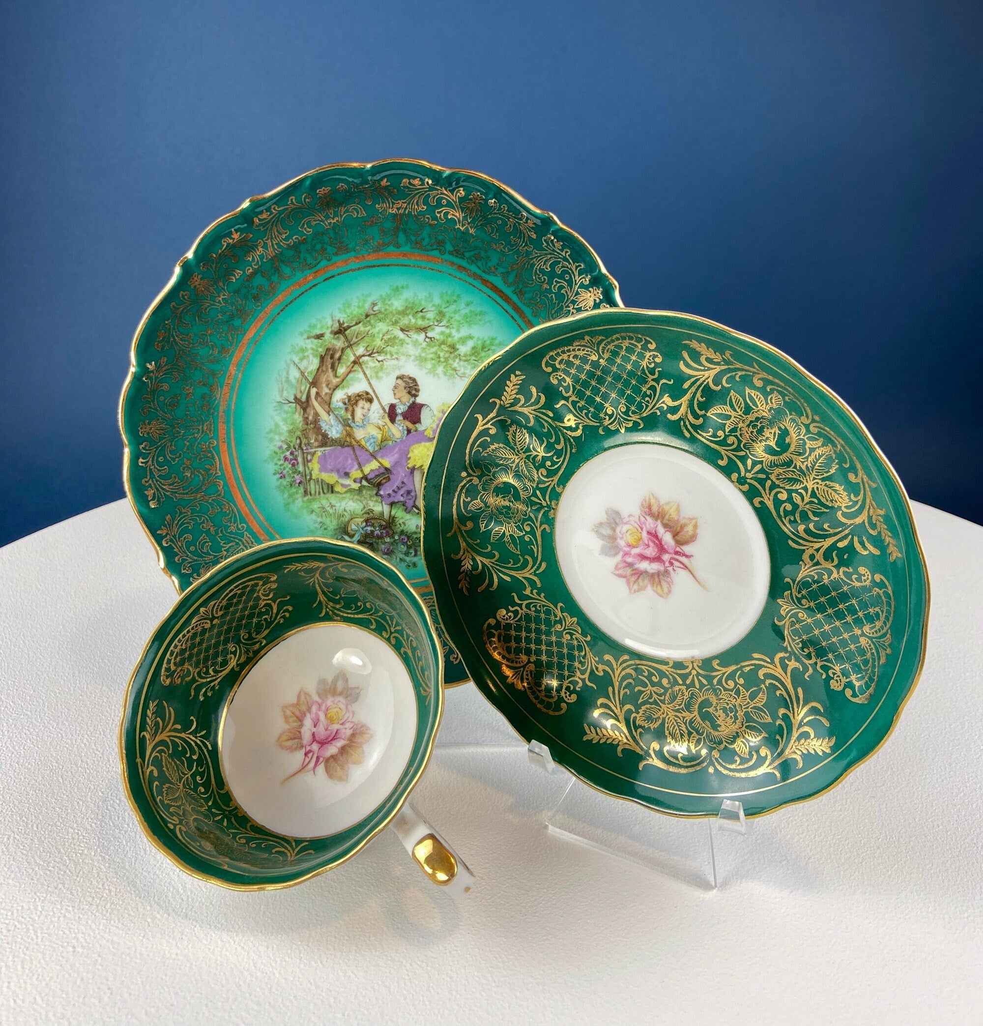 Vintage Schumann Arzberg Tea Cup Trio: Deep Green Bavarian Porcelain