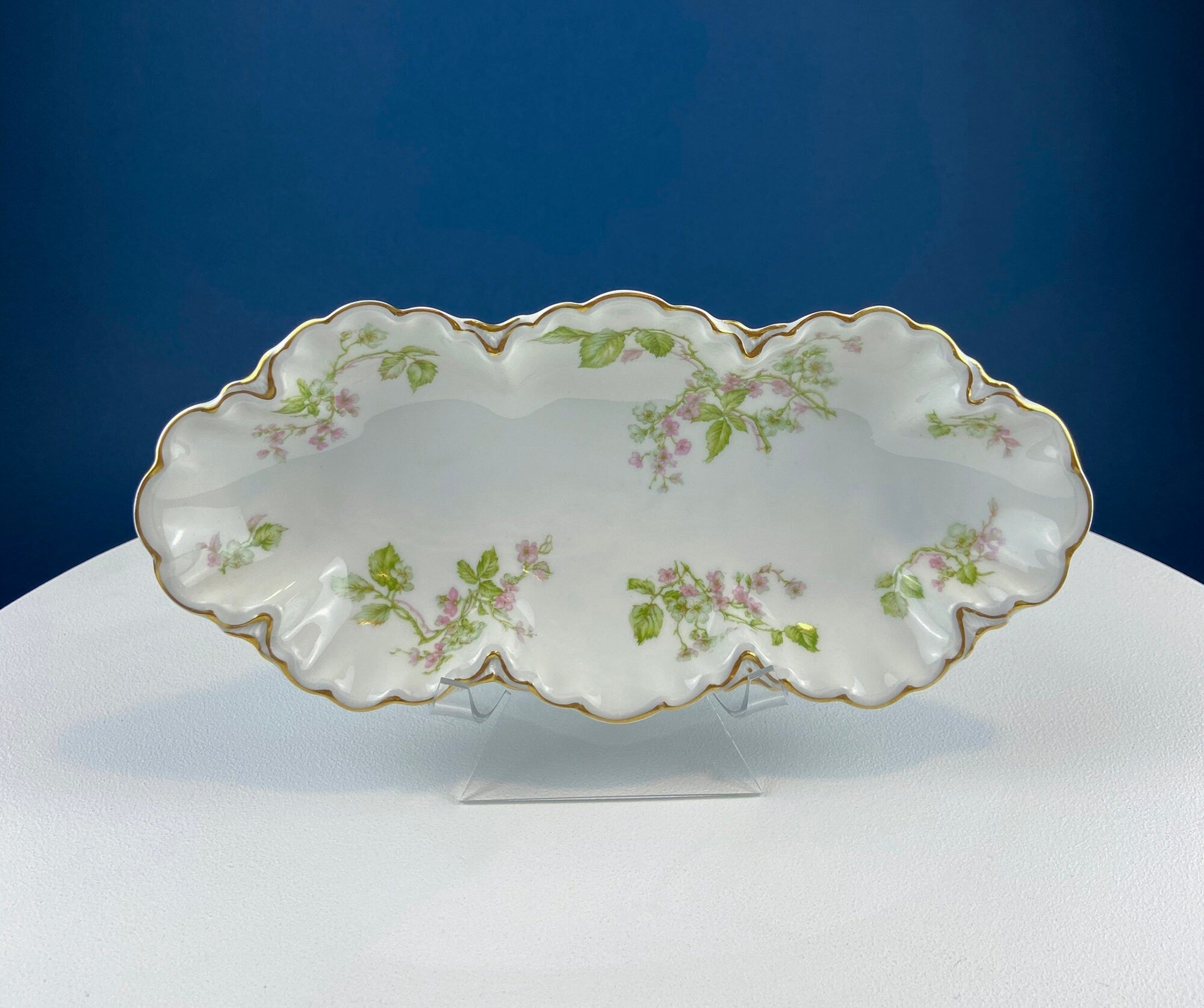 Antique Limoges Plate: Floral Roses, Indian Red Scalloped Rim