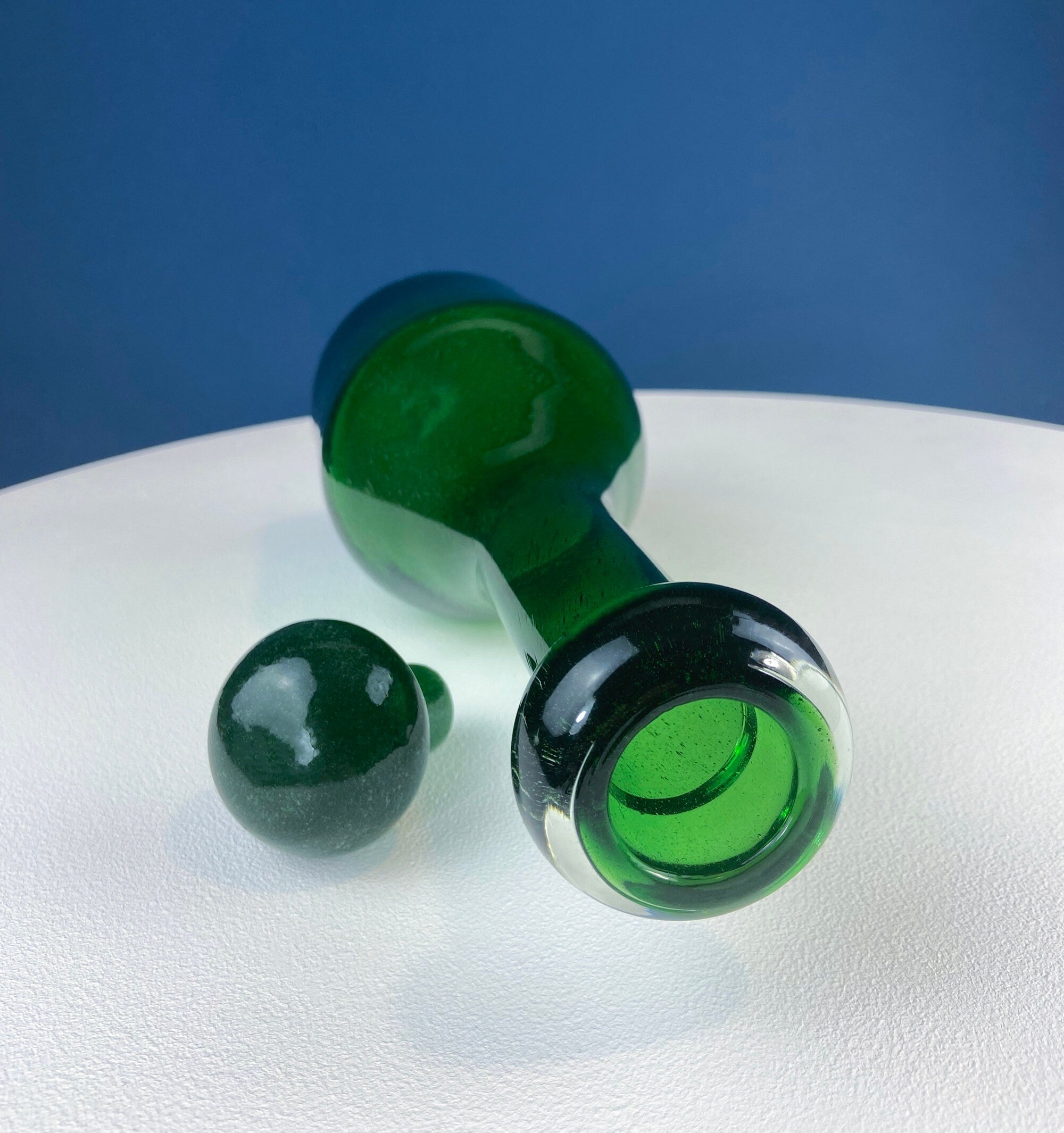 Dark Green Glass Decanter with Matching Stopper. Hand Blown Glass Carafe. Office Decor. Social Club Decor. Men Cave Accessory. Gift for Dad.