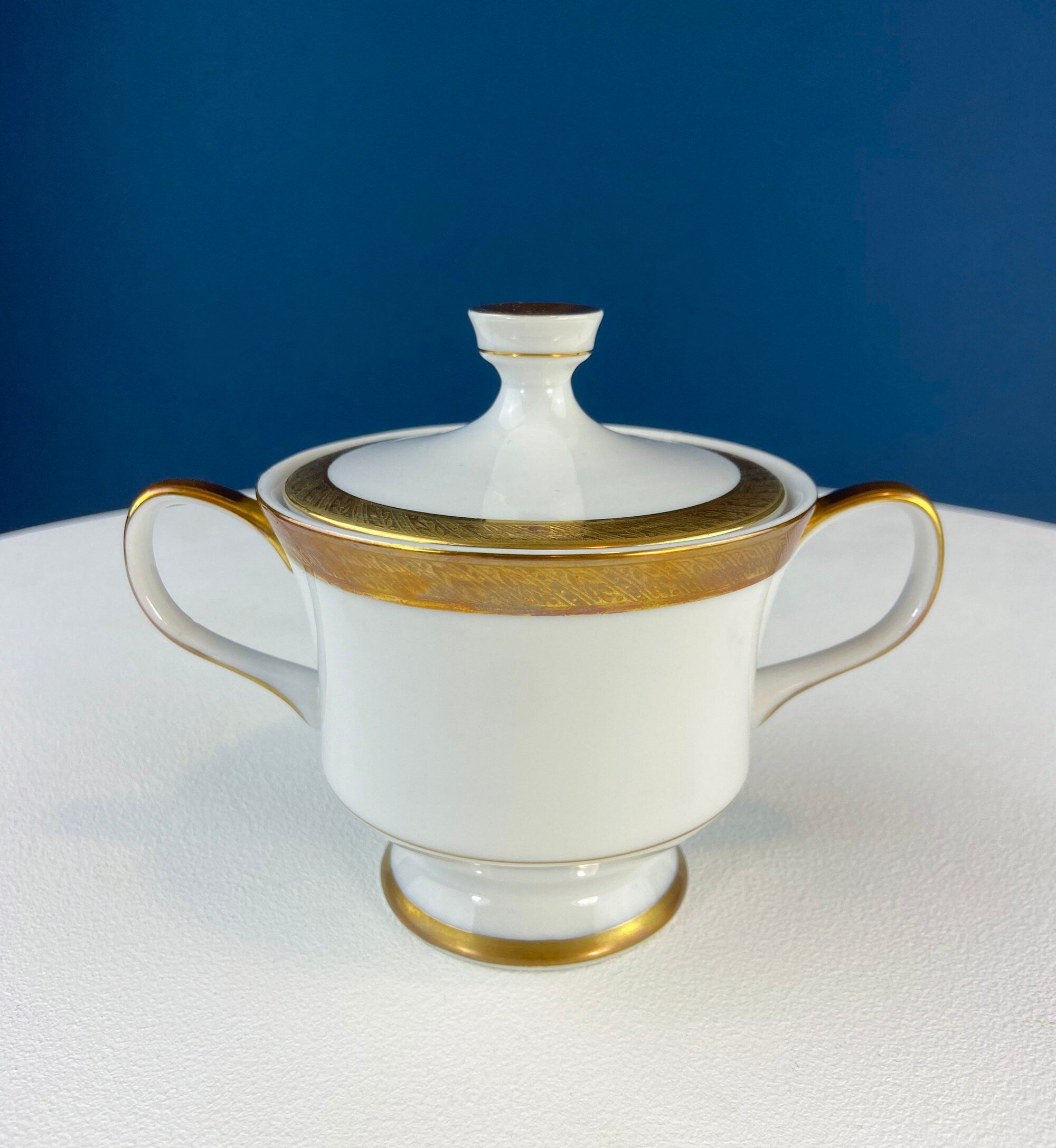 White & Gold Dish Set. Wedding Band China. Sango Spun Gold. Dinner, Salad or Dessert, Soup Plates, Sugar Bowl, Serving Dishes.