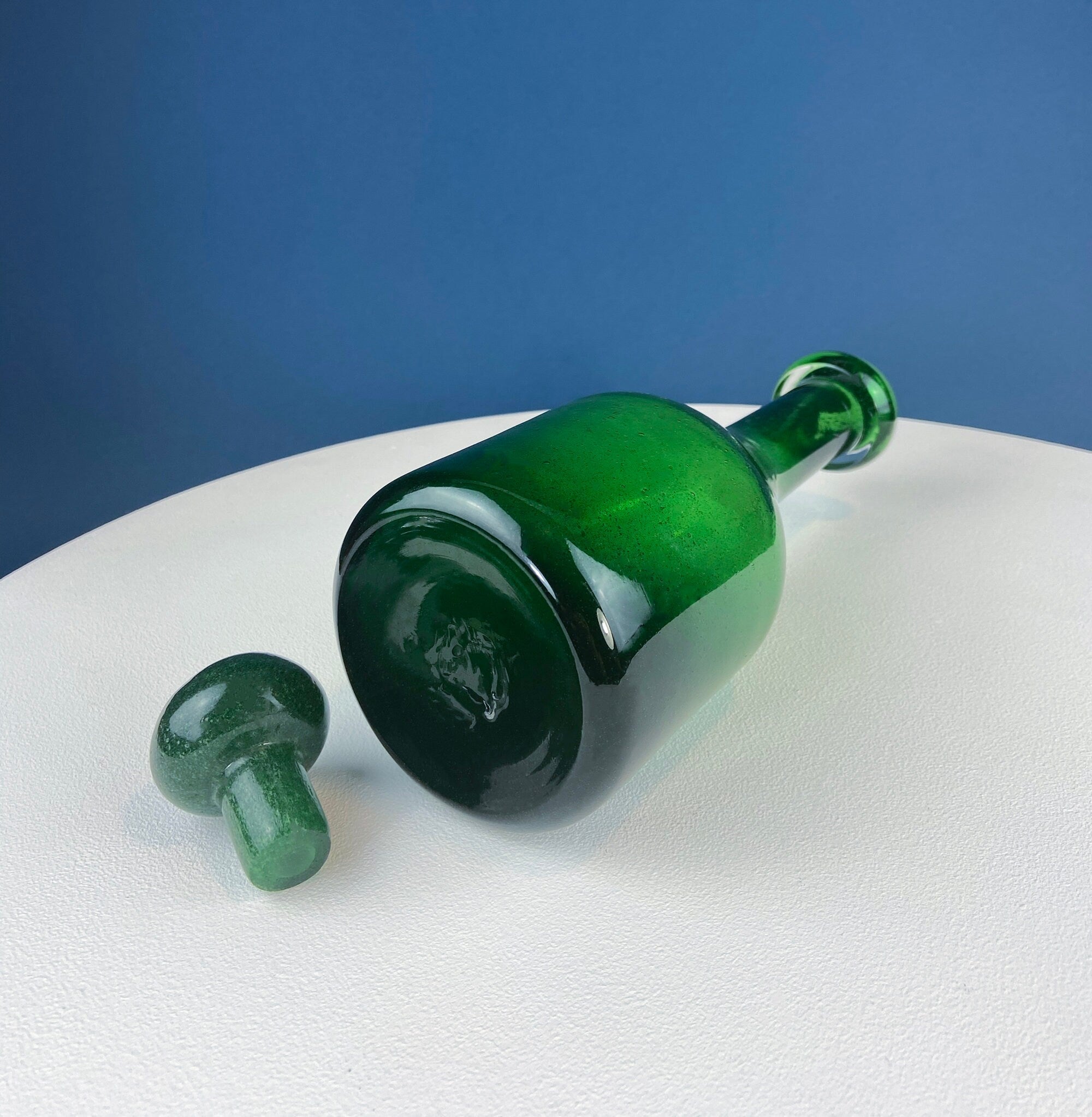 Dark Green Glass Decanter with Matching Stopper. Hand Blown Glass Carafe. Office Decor. Social Club Decor. Men Cave Accessory. Gift for Dad.