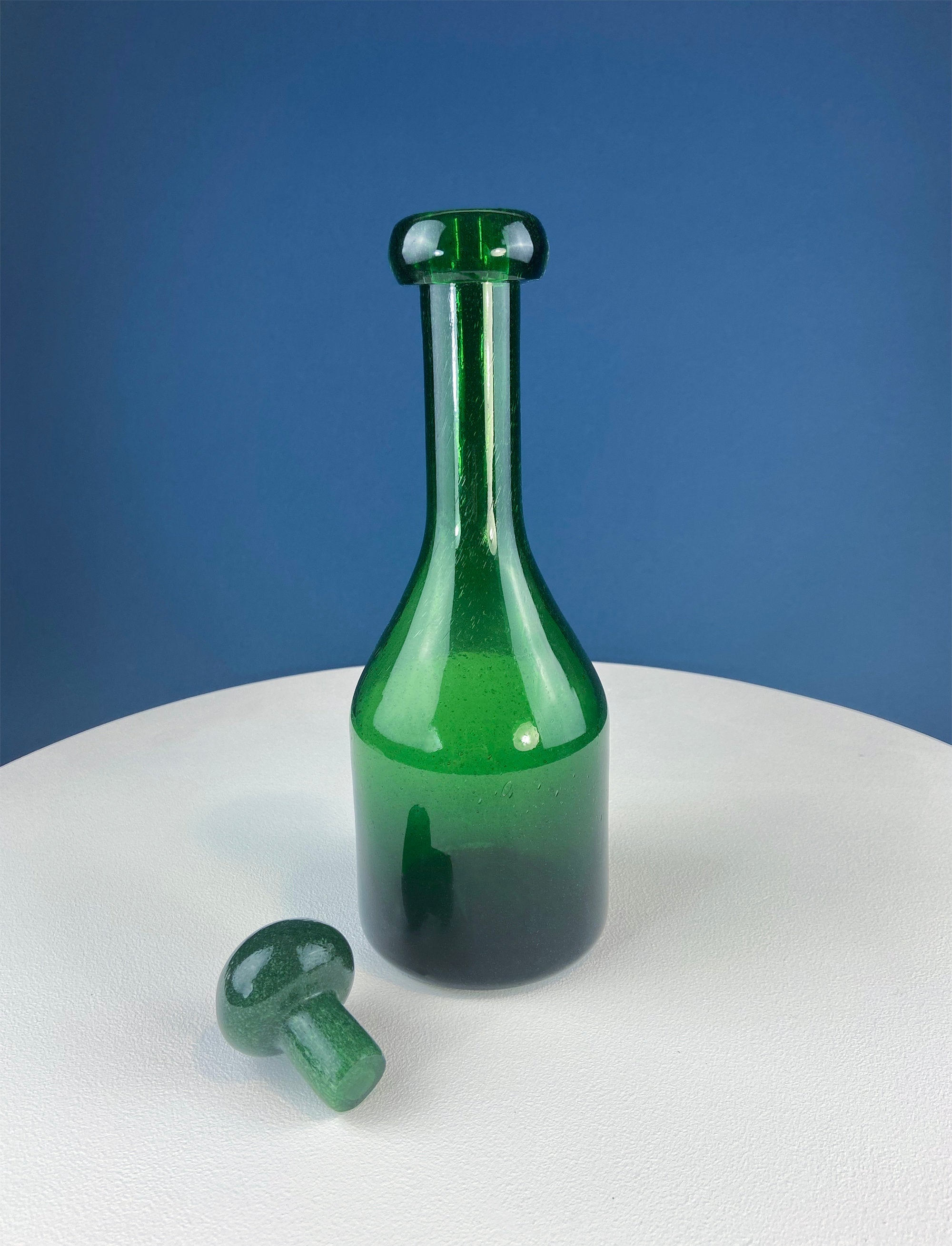 Dark Green Glass Decanter with Matching Stopper. Hand Blown Glass Carafe. Office Decor. Social Club Decor. Men Cave Accessory. Gift for Dad.