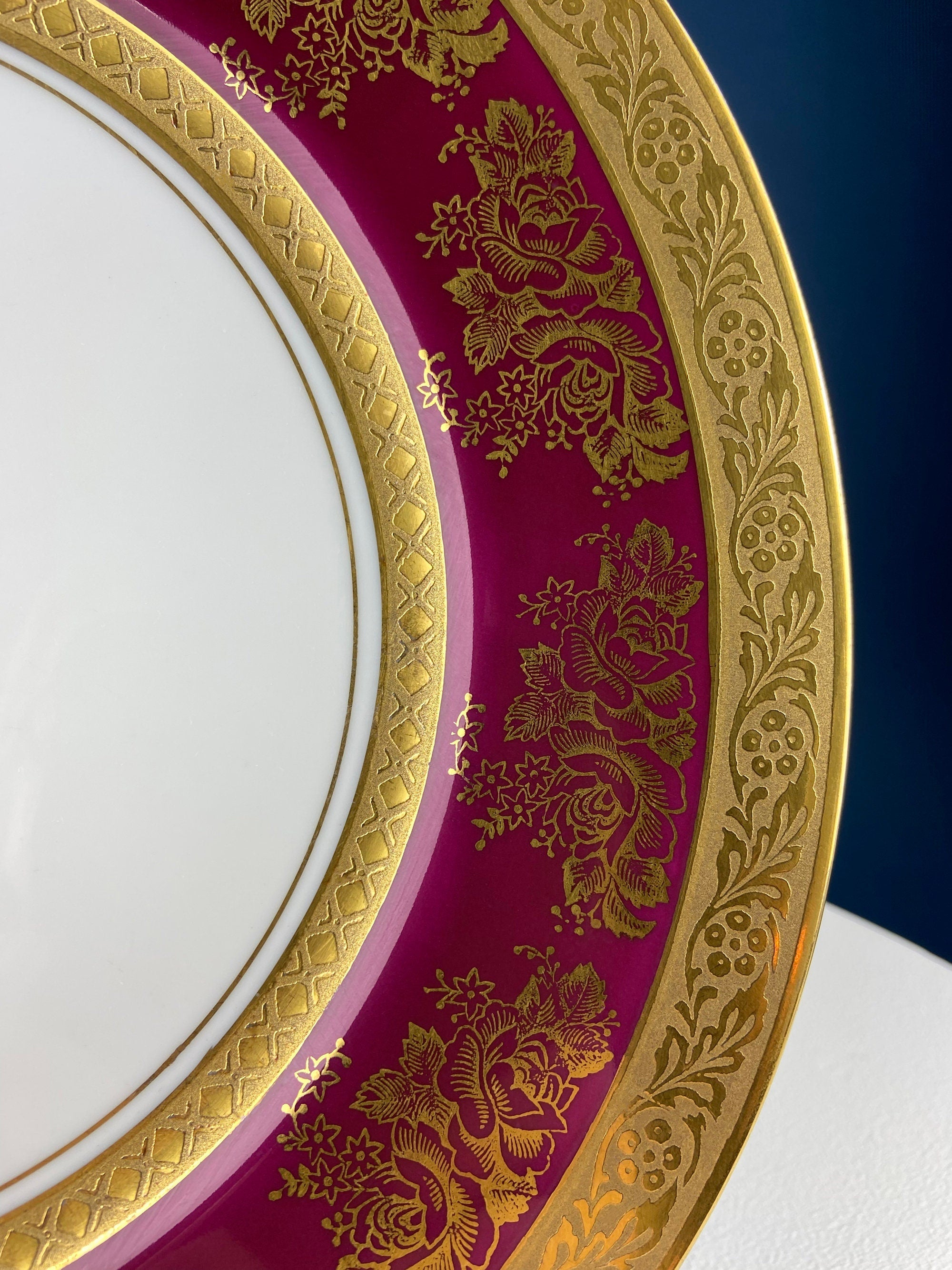 Rich Gold and Burgundy Serving Plate. Antique 11" OMCO Chekoslovakia Porcelain Plate. Spun Gold Brim and Floral Motif.