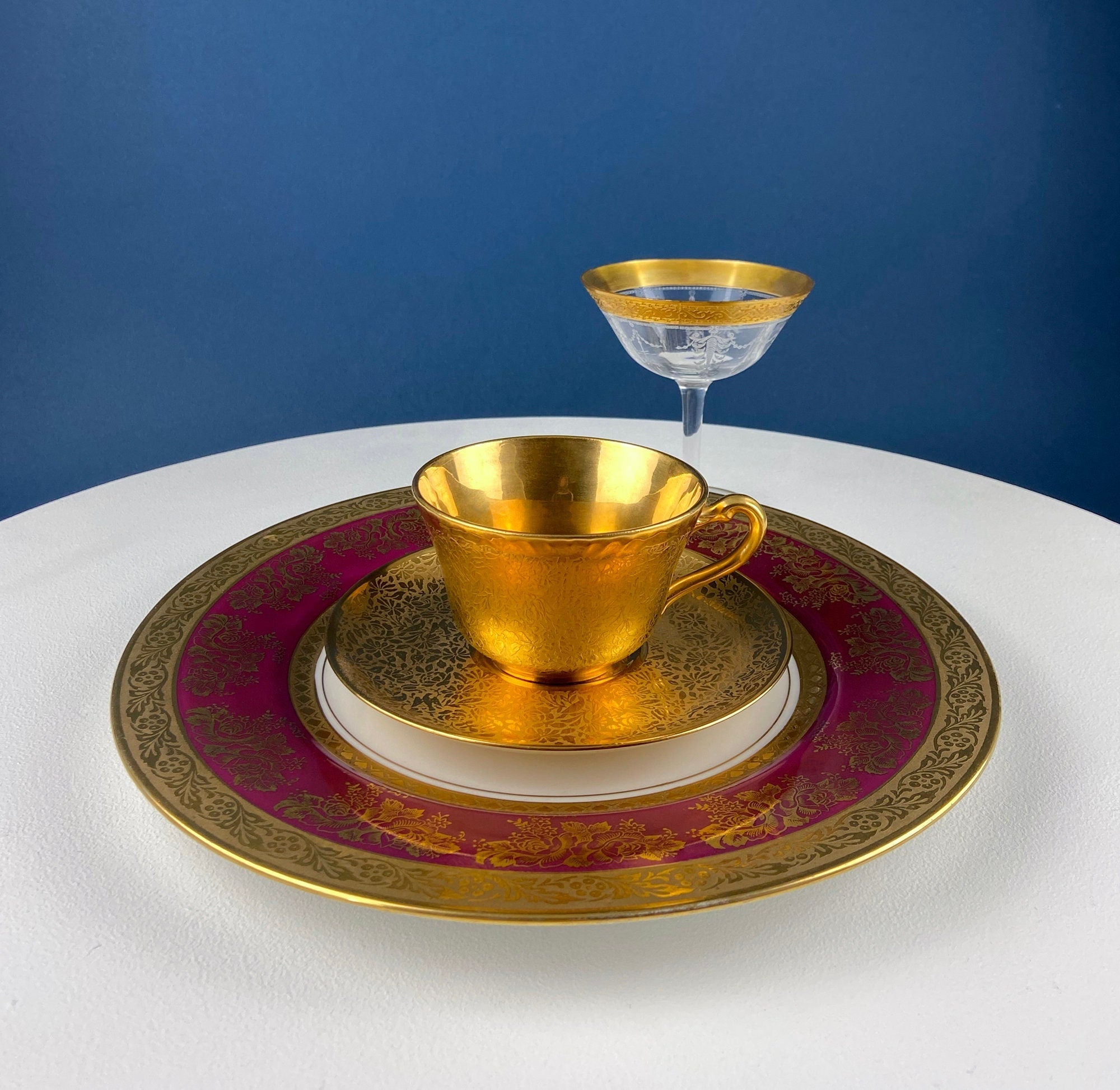 Rich Gold and Burgundy Serving Plate. Antique 11" OMCO Chekoslovakia Porcelain Plate. Spun Gold Brim and Floral Motif.