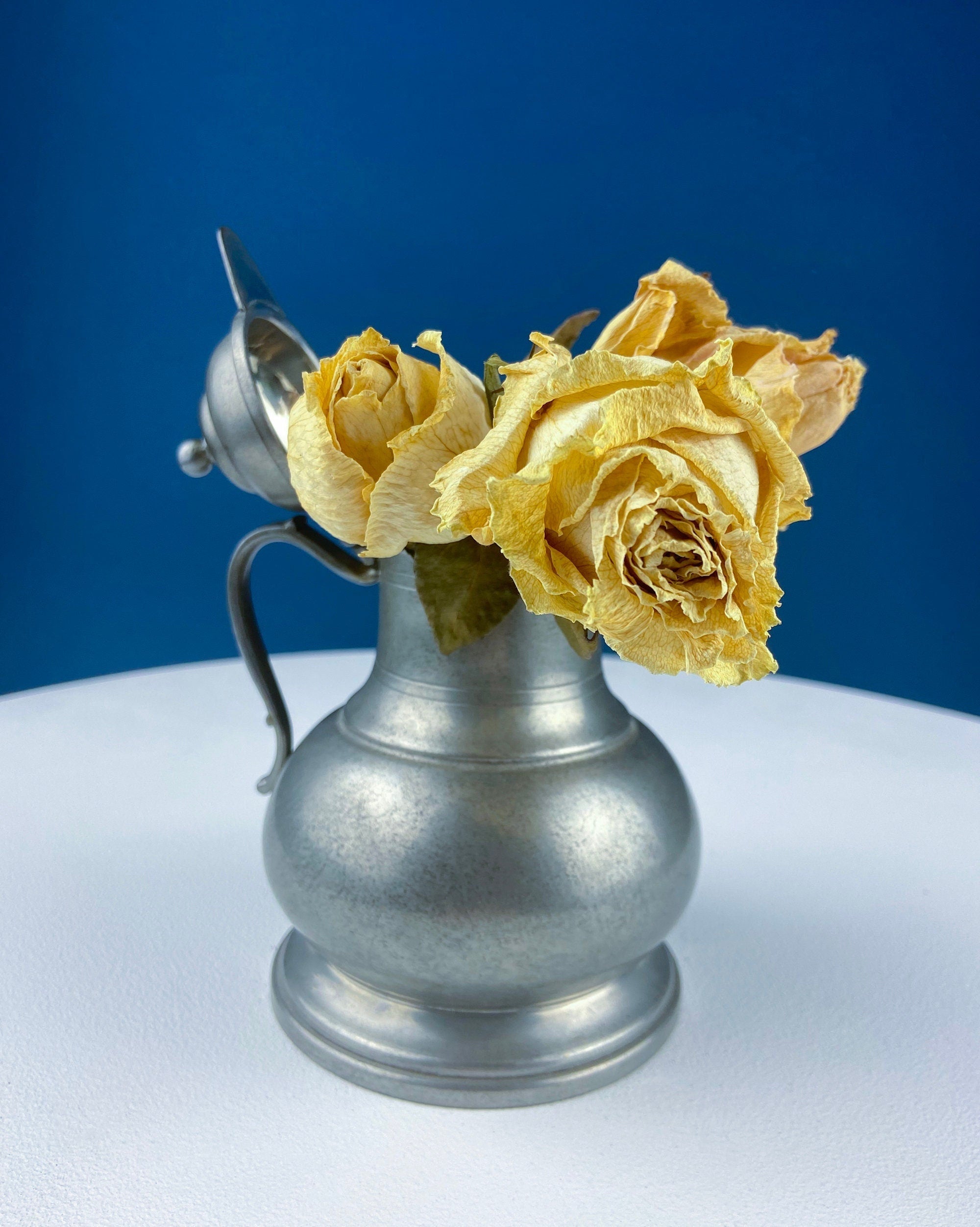Pewter Jug with Ram Details & Chain. Swiss Aarau Hand Made Tankard Pitcher Vase. For Dry or Live Flowers. Rustic Home Display. Gift for Dad.