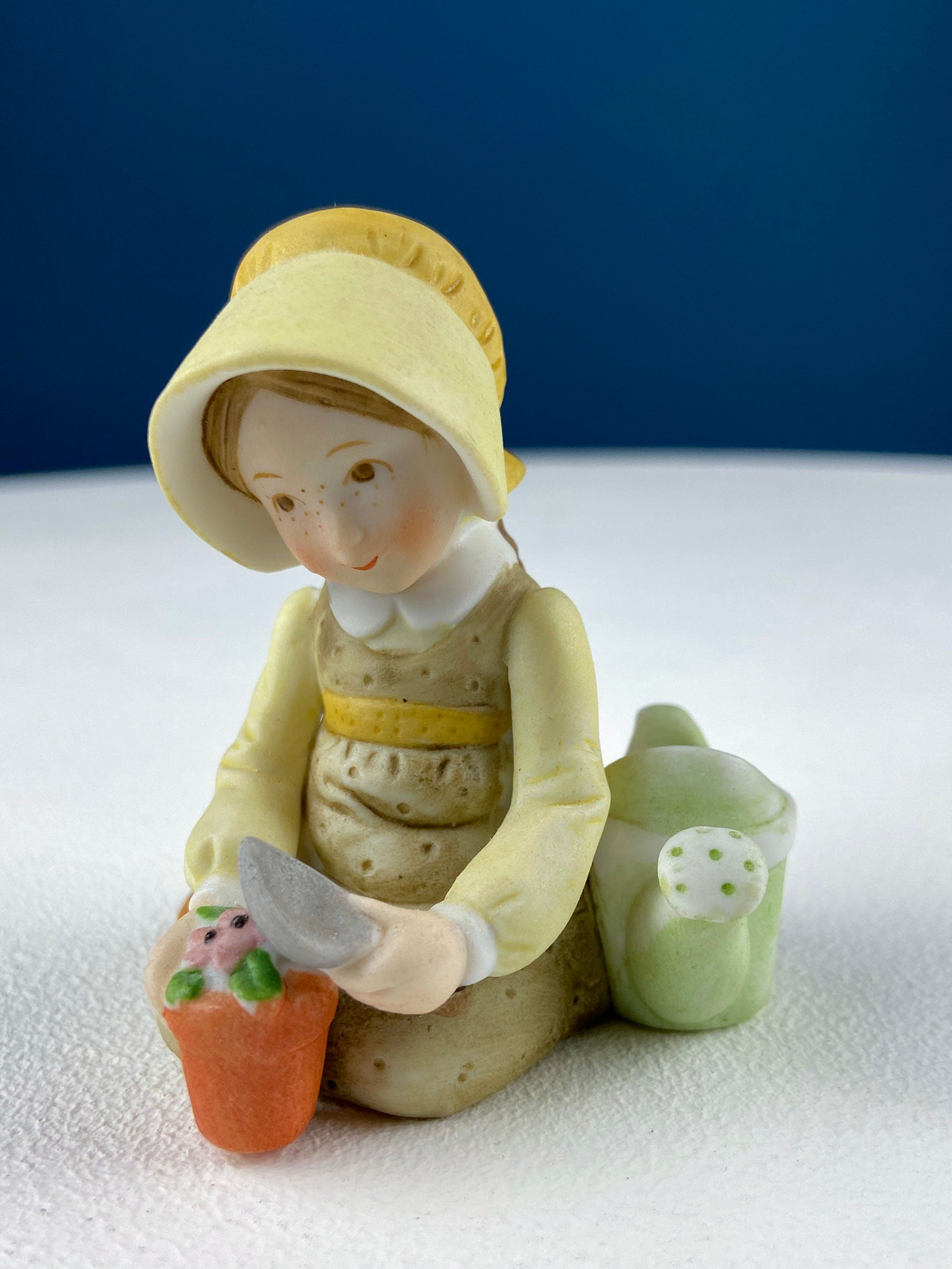 Porcelain Figurine by Marks & Rosenfeld of Little Girl Planting Flowers. Paired with Porcelain Birds in Nest. Gift for Mom, Grandma, Partner