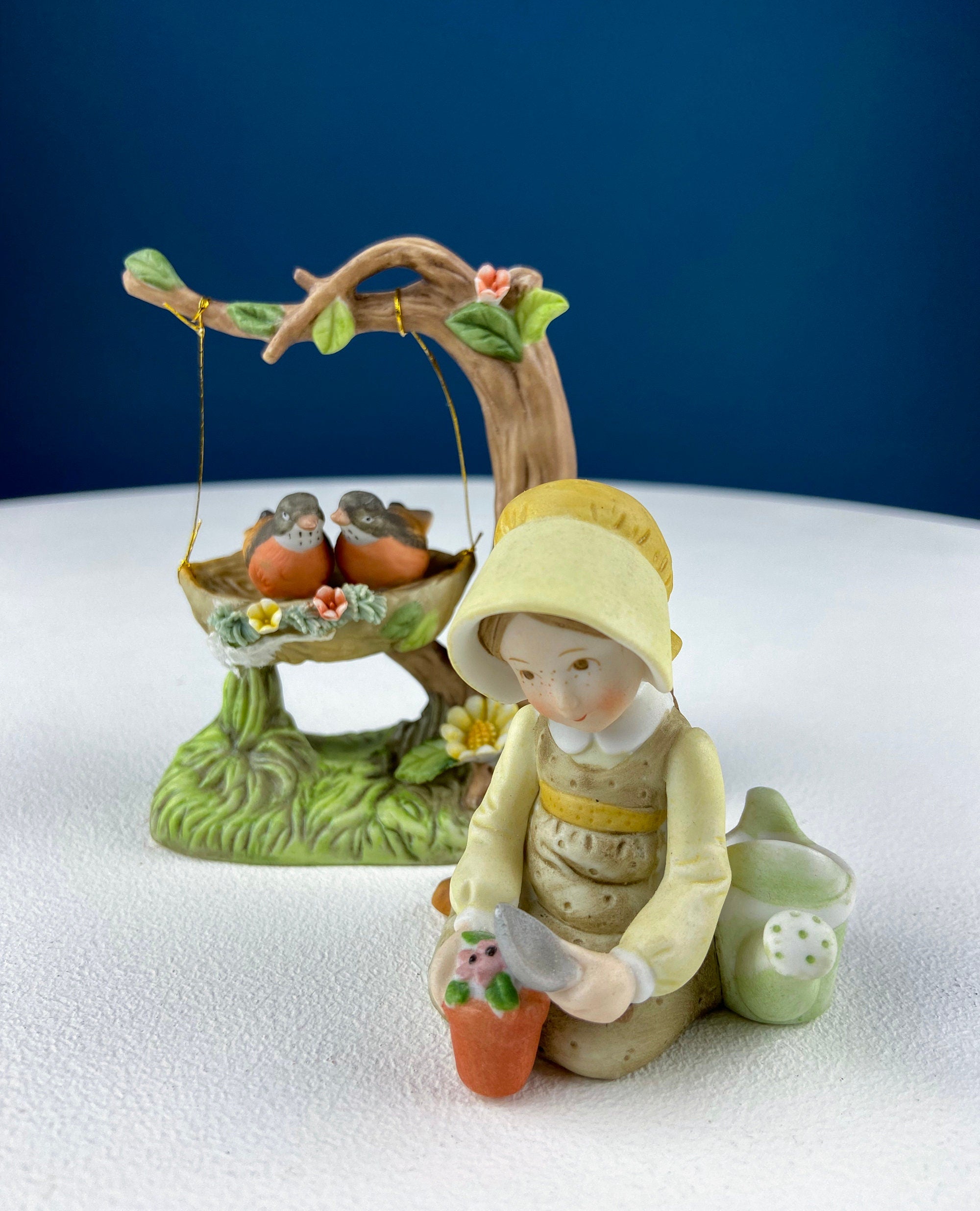 Porcelain Figurine by Marks & Rosenfeld of Little Girl Planting Flowers. Paired with Porcelain Birds in Nest. Gift for Mom, Grandma, Partner