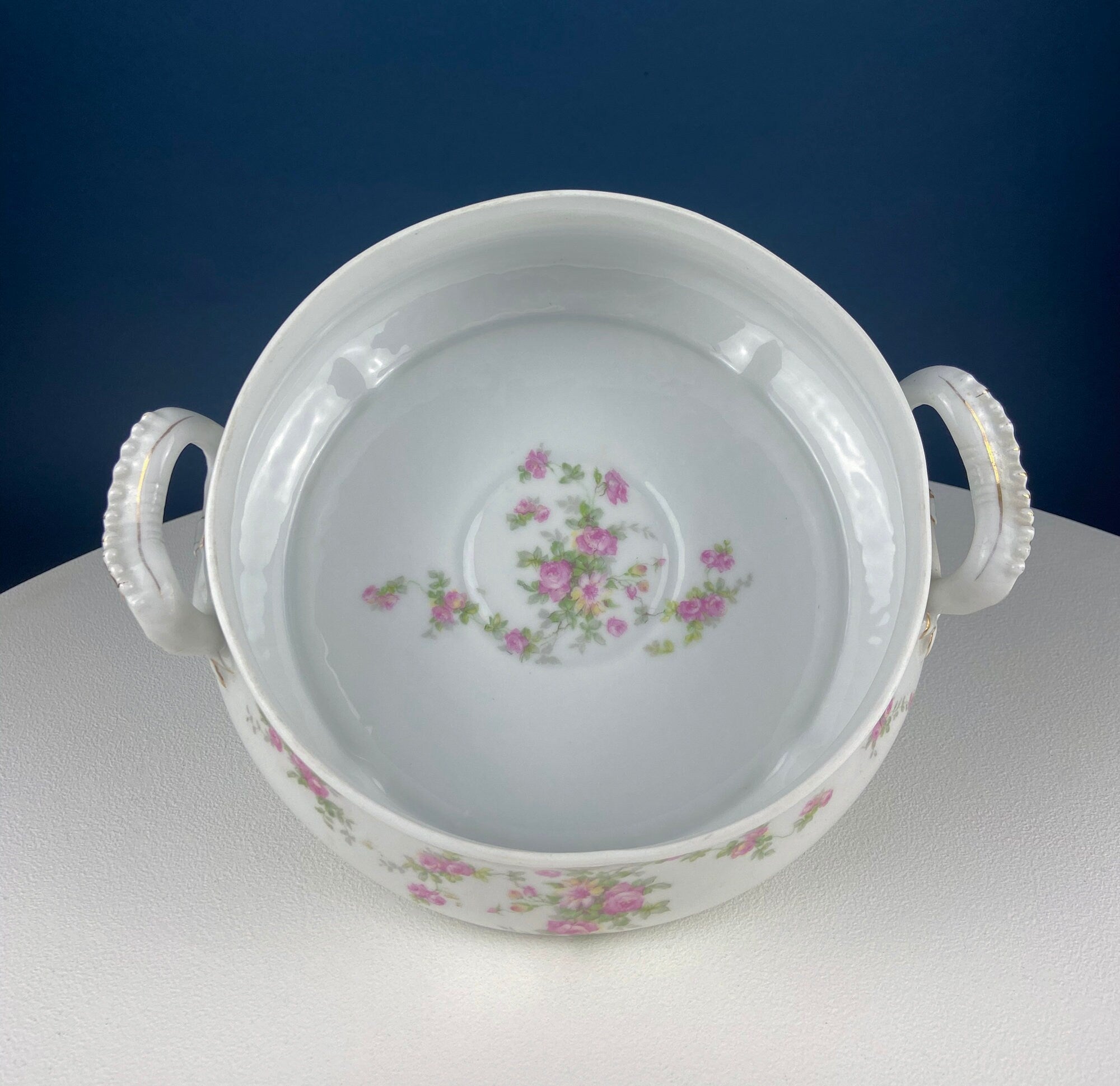 Antique Porcelain Tureen with Delicate Pink Roses. Bow Like Handles. Soup Serving Dish. Holiday Family Dining. Fine Table Setting.