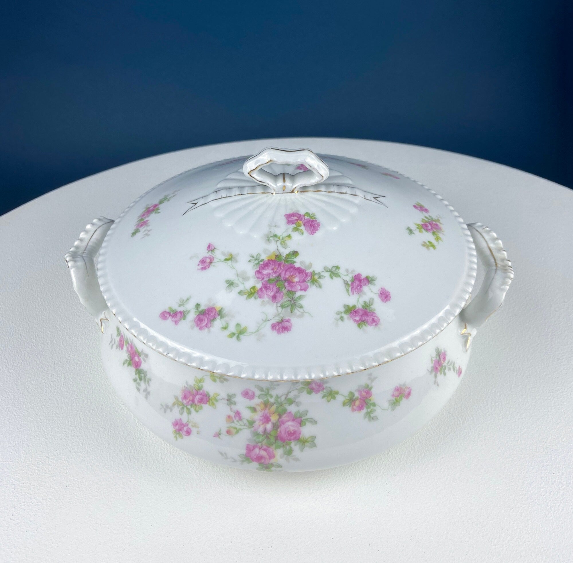 Antique Porcelain Tureen with Delicate Pink Roses. Bow Like Handles. Soup Serving Dish. Holiday Family Dining. Fine Table Setting.