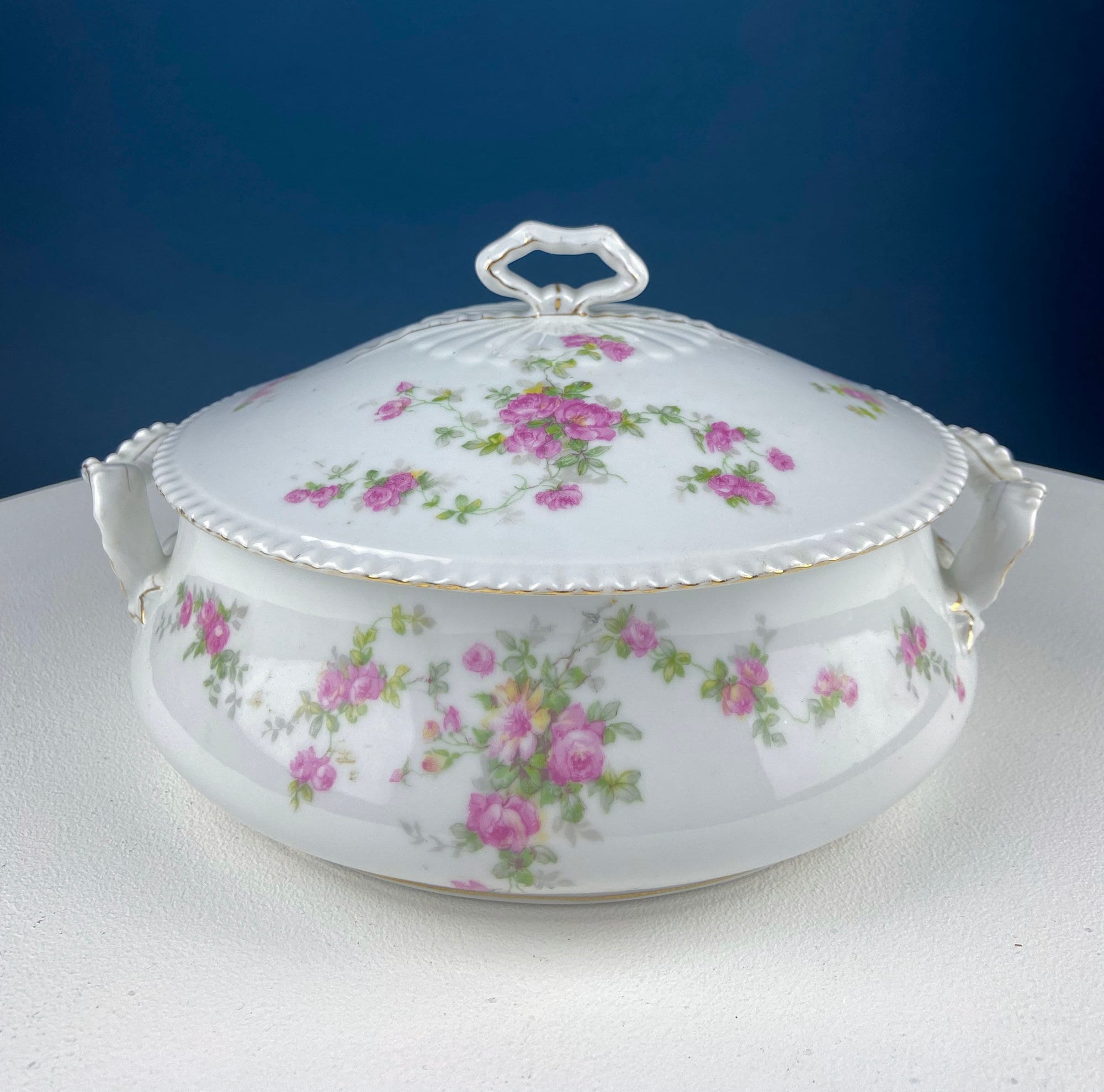 Antique Porcelain Tureen with Delicate Pink Roses. Bow Like Handles. Soup Serving Dish. Holiday Family Dining. Fine Table Setting.