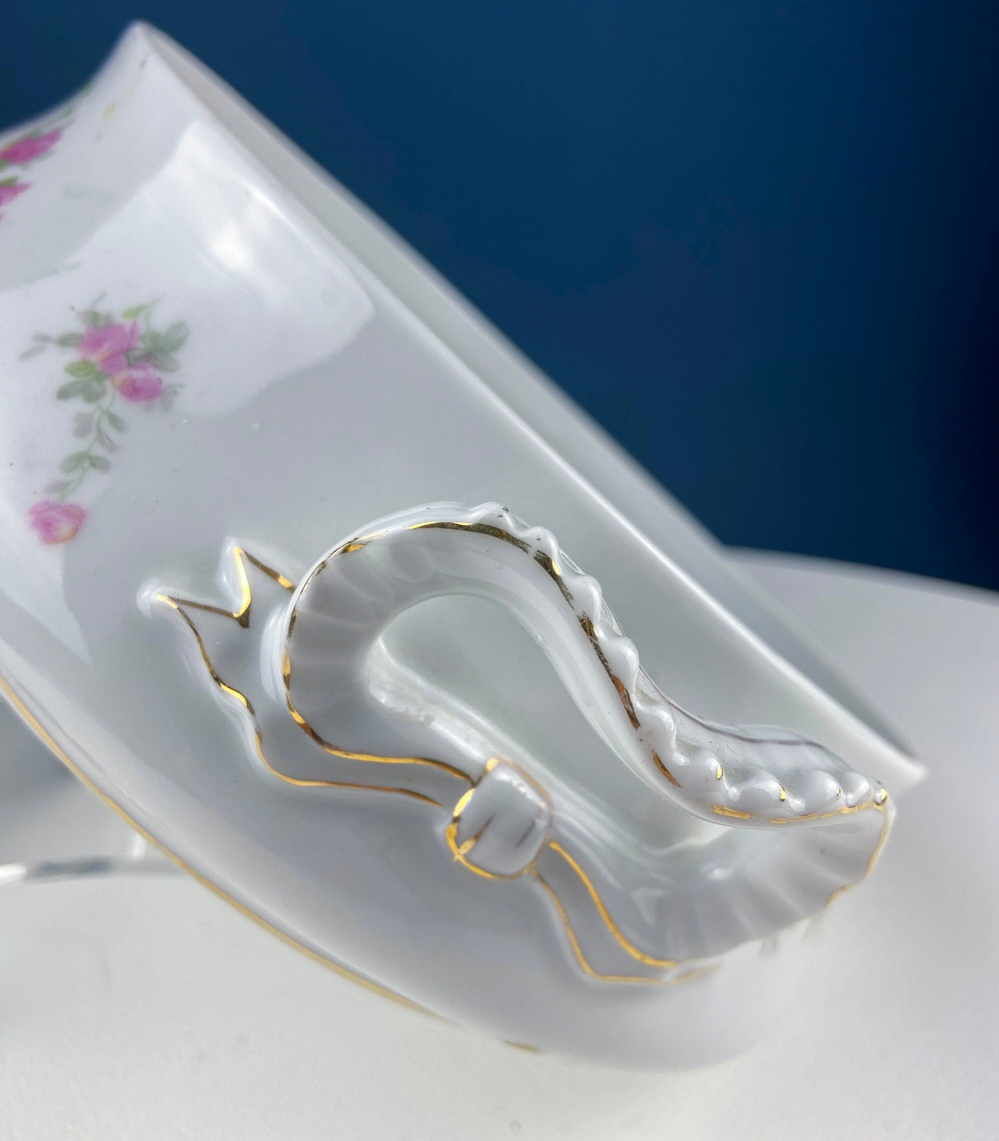 Antique Porcelain Tureen with Delicate Pink Roses. Bow Like Handles. Soup Serving Dish. Holiday Family Dining. Fine Table Setting.
