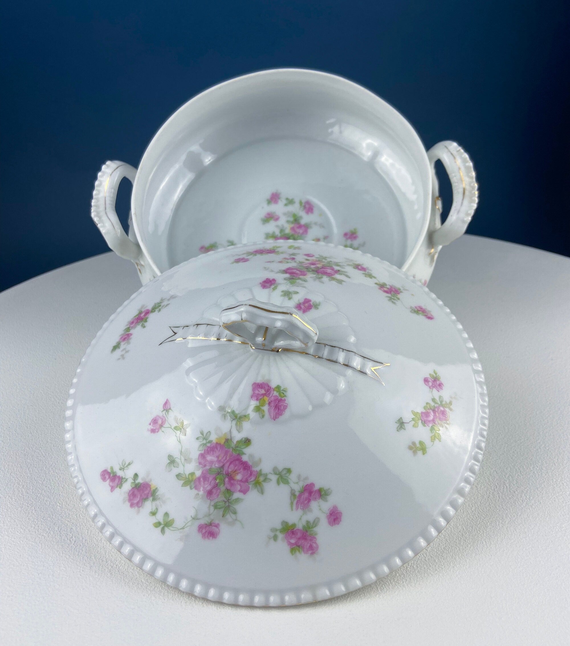Antique Porcelain Tureen with Delicate Pink Roses. Bow Like Handles. Soup Serving Dish. Holiday Family Dining. Fine Table Setting.