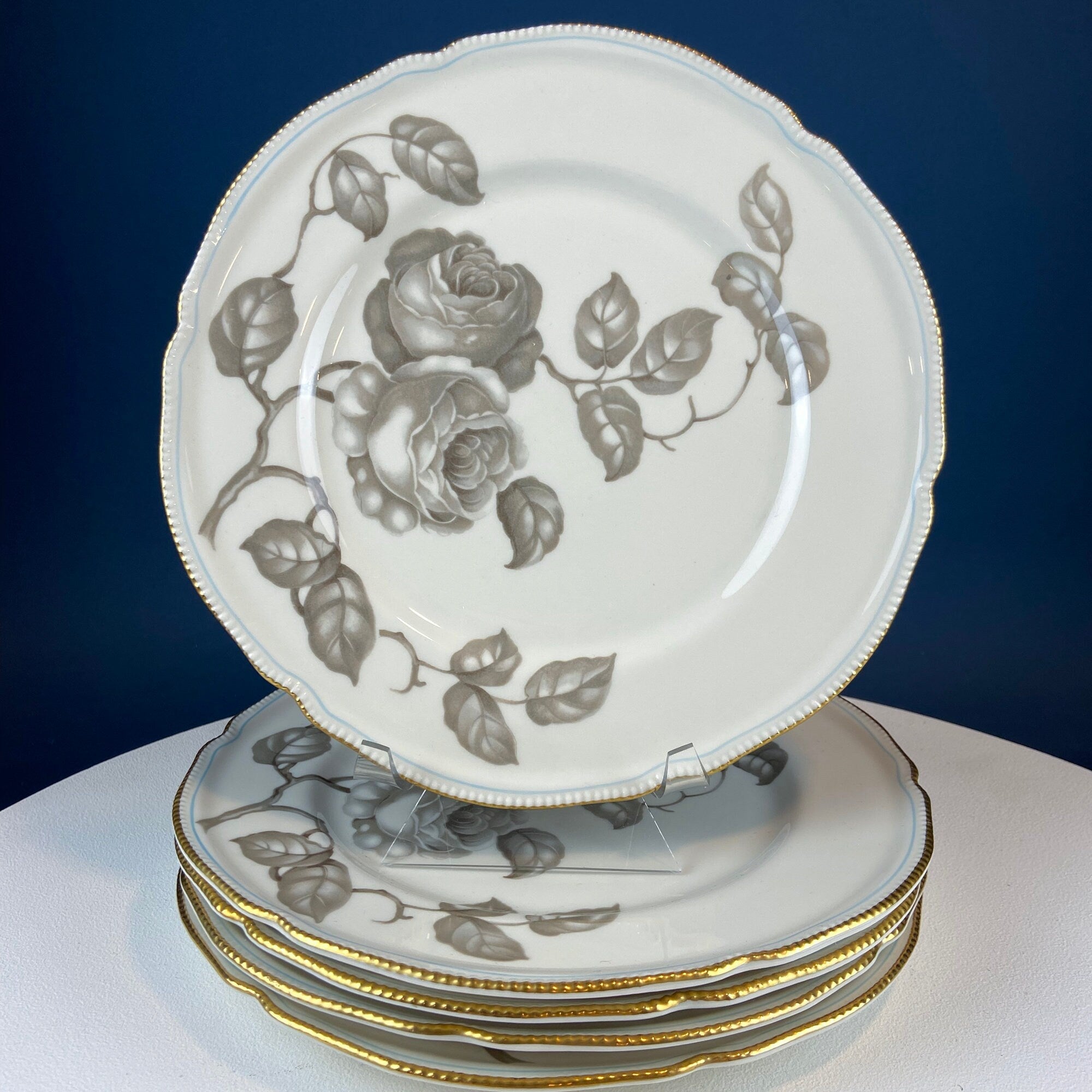 24 Piece Porcelain Dinner Set. Castleton Gloria. Beautiful Neutral Hand Painted Roses. 5 Dinner, Salad, Dessert Plates, Berry Bowls, 4 Cups.
