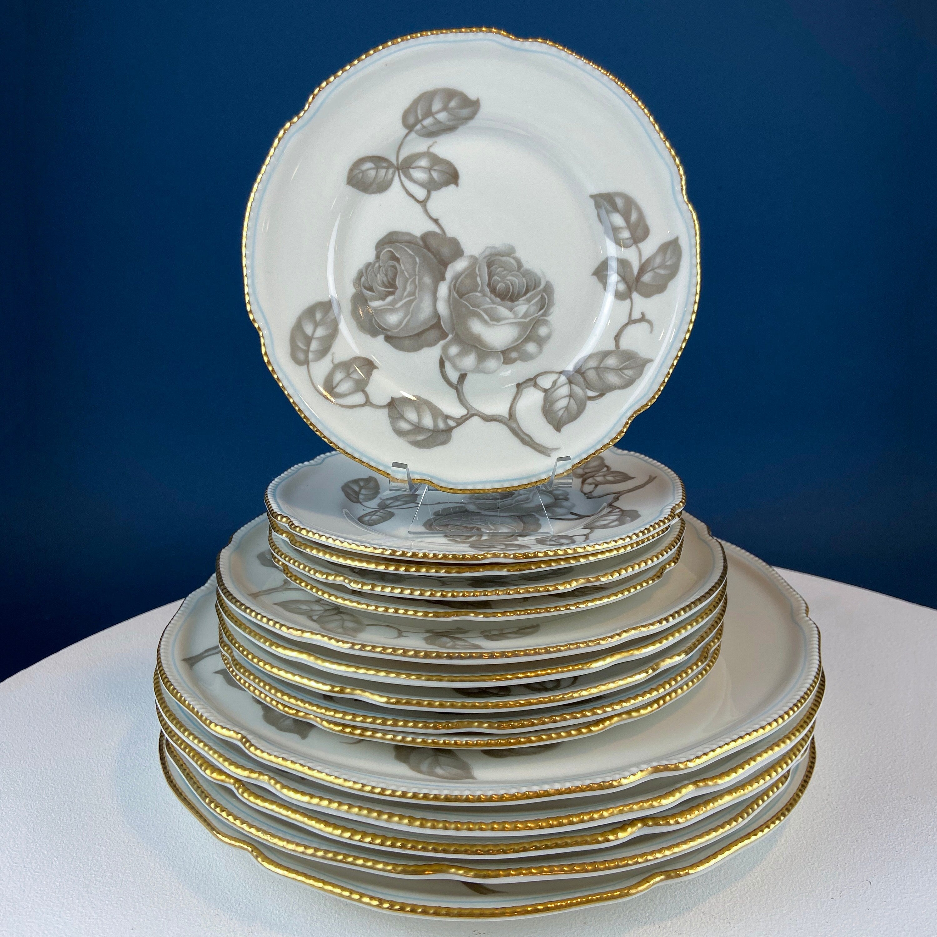 24 Piece Porcelain Dinner Set. Castleton Gloria. Beautiful Neutral Hand Painted Roses. 5 Dinner, Salad, Dessert Plates, Berry Bowls, 4 Cups.