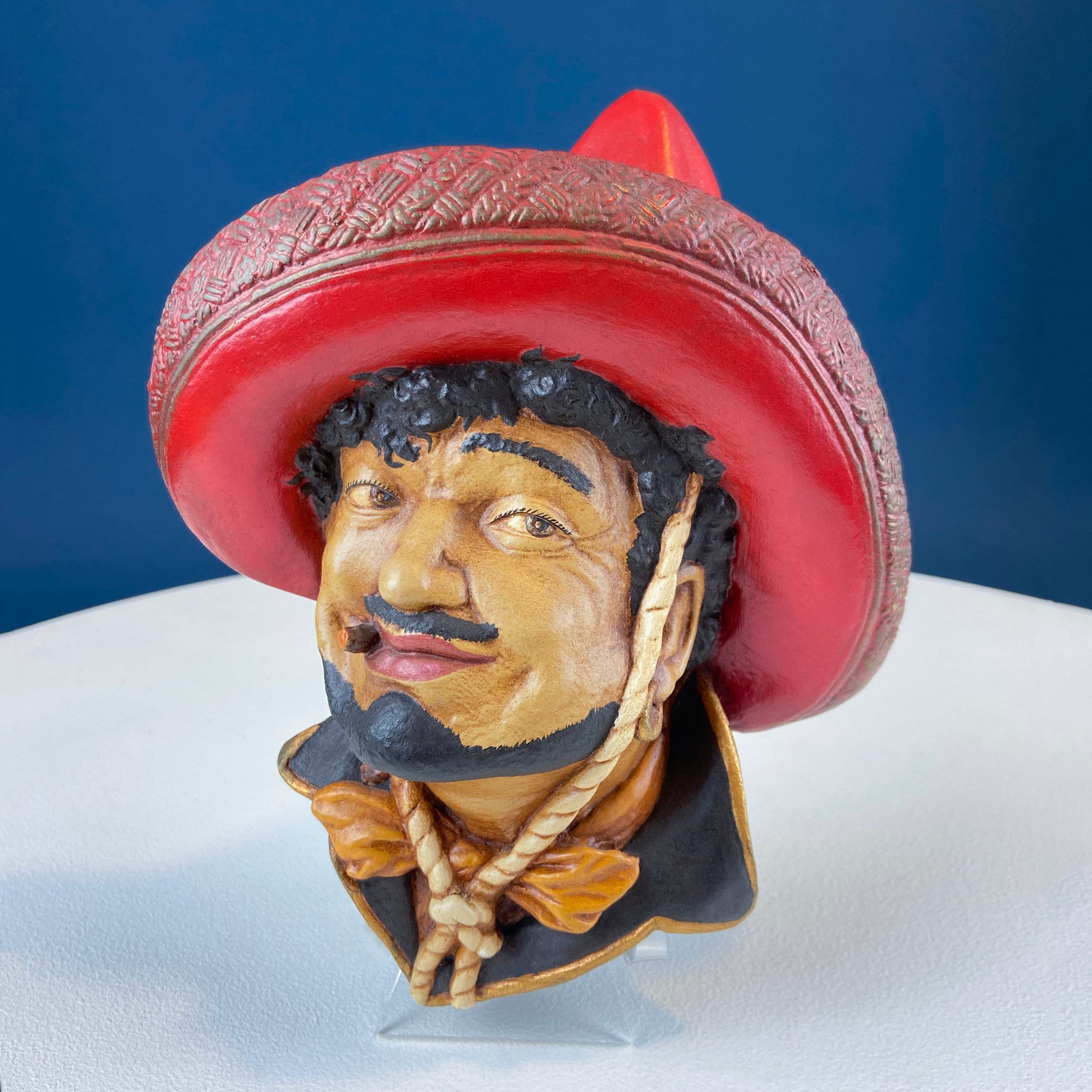 Bosson Like Chalkware Head of Pancho Villa. Life Like Caricature of Spanish Man in Red Sombrero. Ethnic Wall Hanging. Collectible Bust.