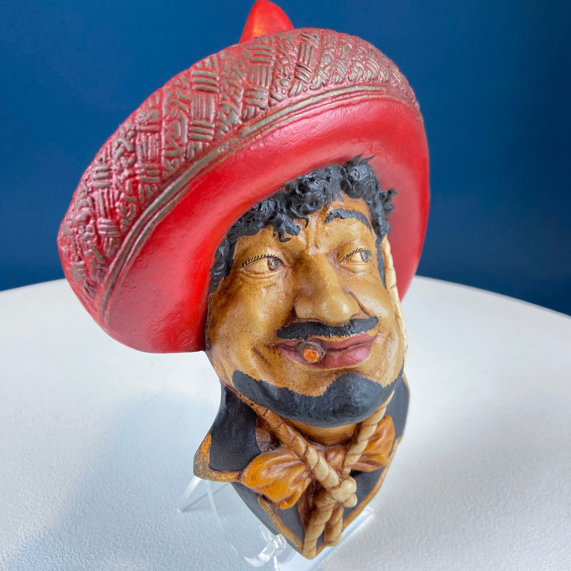 Bosson Like Chalkware Head of Pancho Villa. Life Like Caricature of Spanish Man in Red Sombrero. Ethnic Wall Hanging. Collectible Bust.