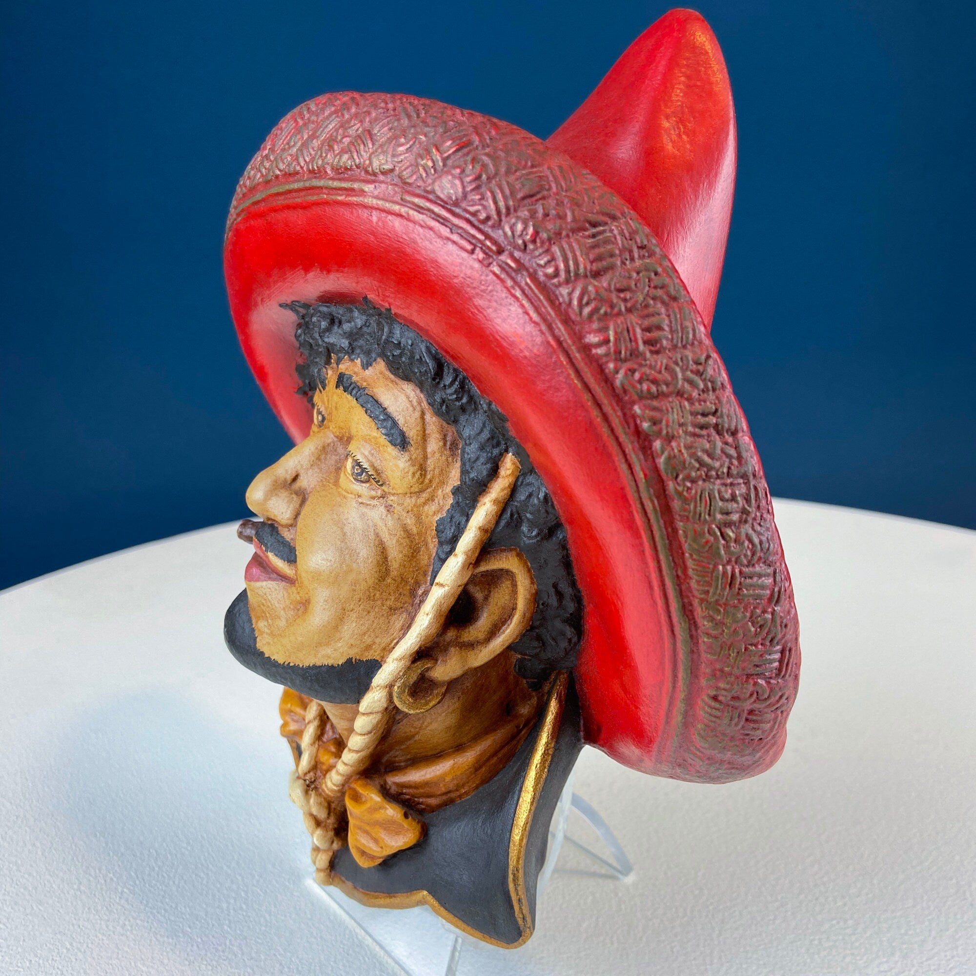 Bosson Like Chalkware Head of Pancho Villa. Life Like Caricature of Spanish Man in Red Sombrero. Ethnic Wall Hanging. Collectible Bust.