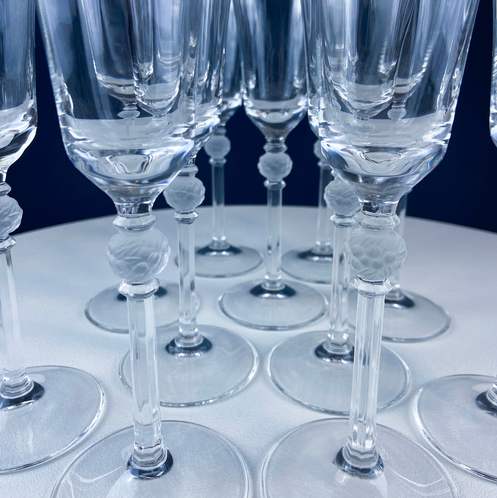 Crystal Champagne Glasses with Ball Stem. Enchantress by Mikasa. Frosted Ball Shaped like Berries & Leaves. Set of 11. Beautiful Ping.
