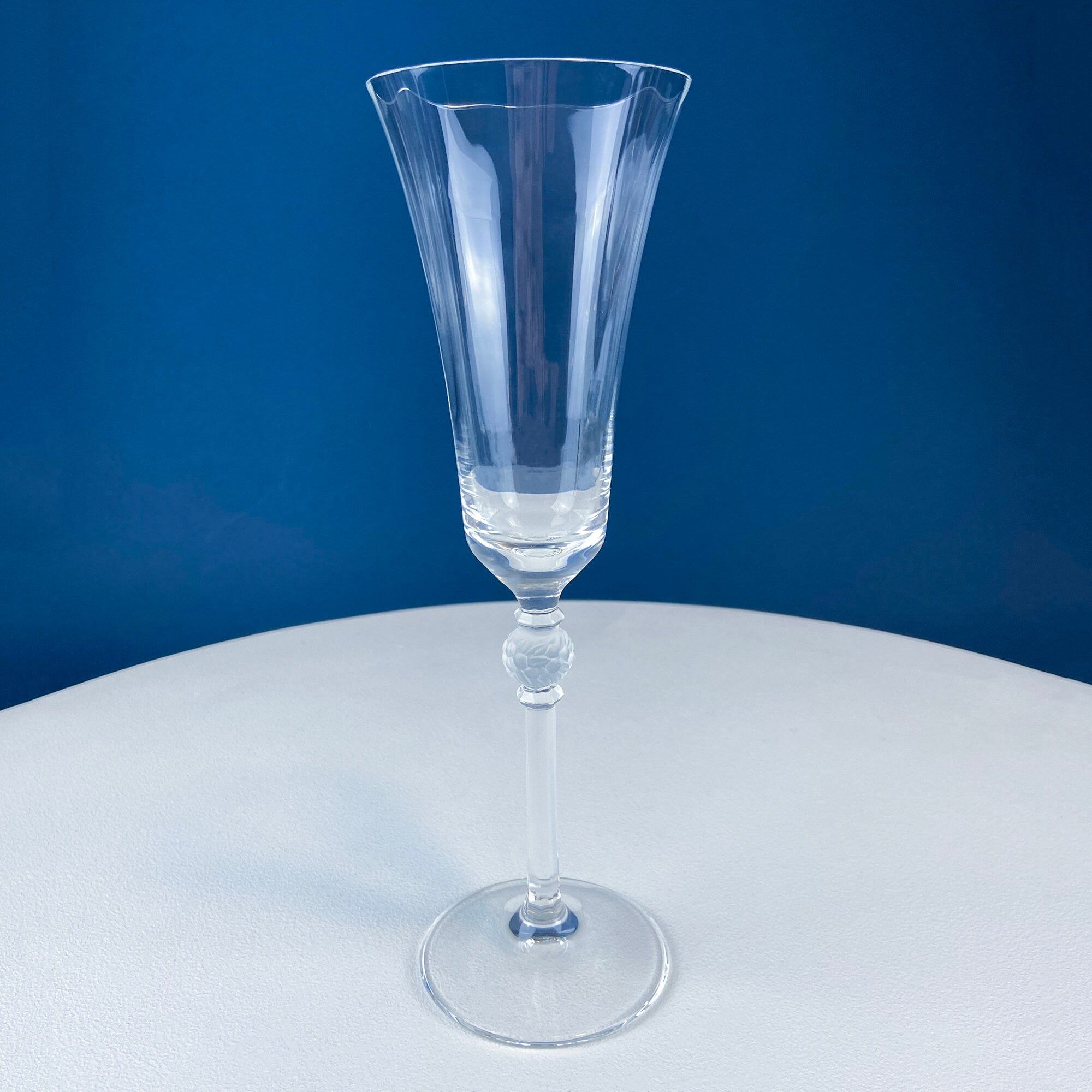 Crystal Champagne Glasses with Ball Stem. Enchantress by Mikasa. Frosted Ball Shaped like Berries & Leaves. Set of 11. Beautiful Ping.