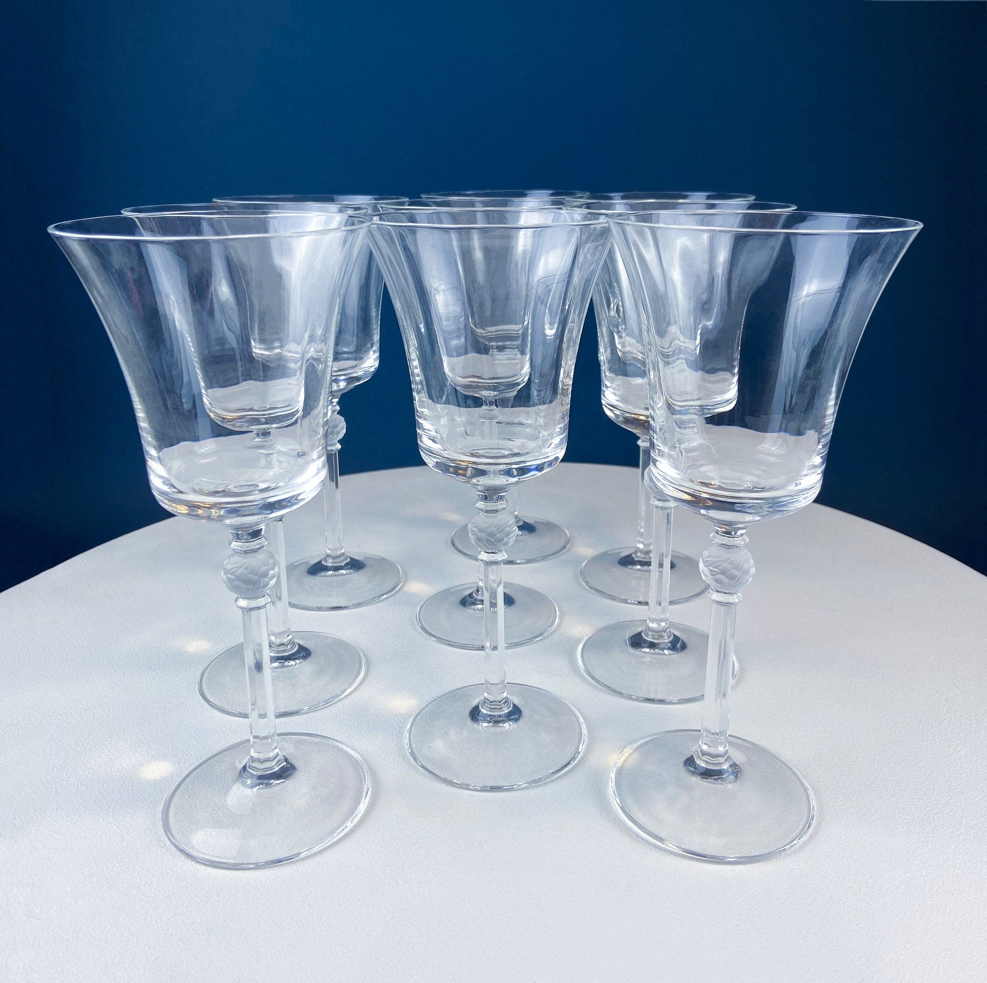 Crystal Water/Ice Tea Goblets with Ball Stem. Enchantress by Mikasa. Frosted Ball Shaped like Berries & Leaves. Set of 10. Beautiful Ping.
