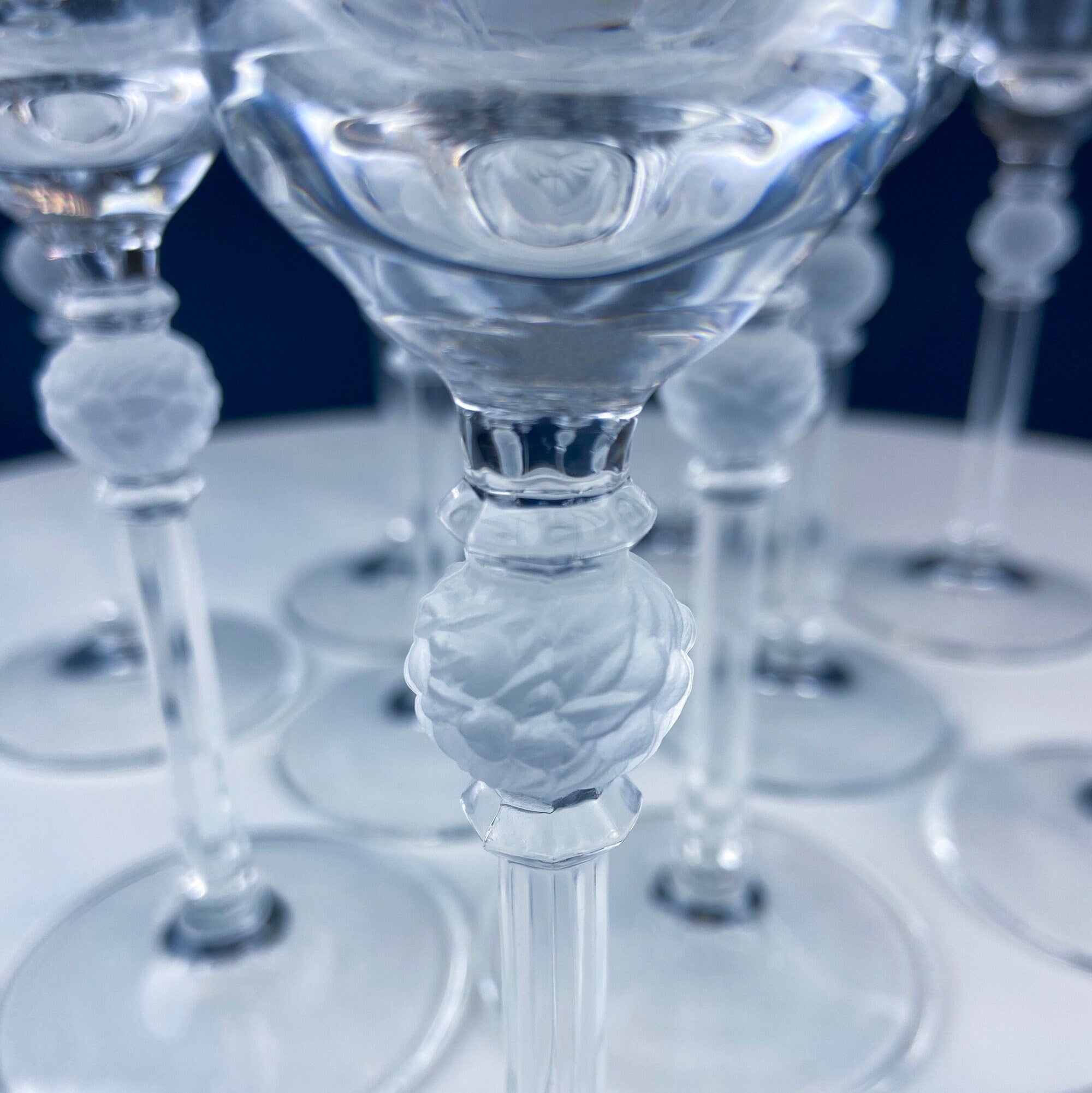 Crystal Champagne Glasses with Ball Stem. Enchantress by Mikasa. Frosted Ball Shaped like Berries & Leaves. Set of 11. Beautiful Ping.