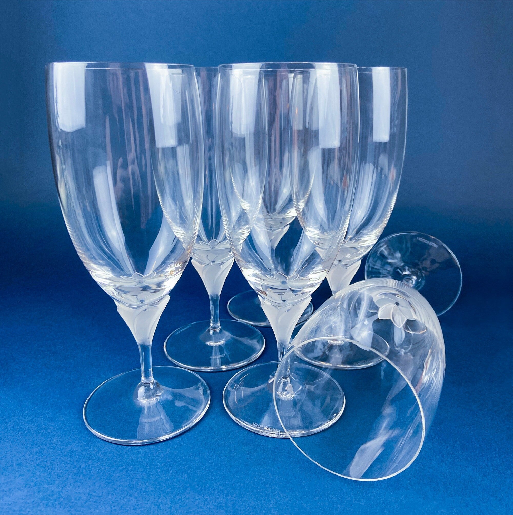 Laura by Rogaska Crystal Water/Iced Tea Goblets. Miller Rogaska Etched on each Glass. Frosted Flower Stem. Stunning Ping. Holiday Celeb.