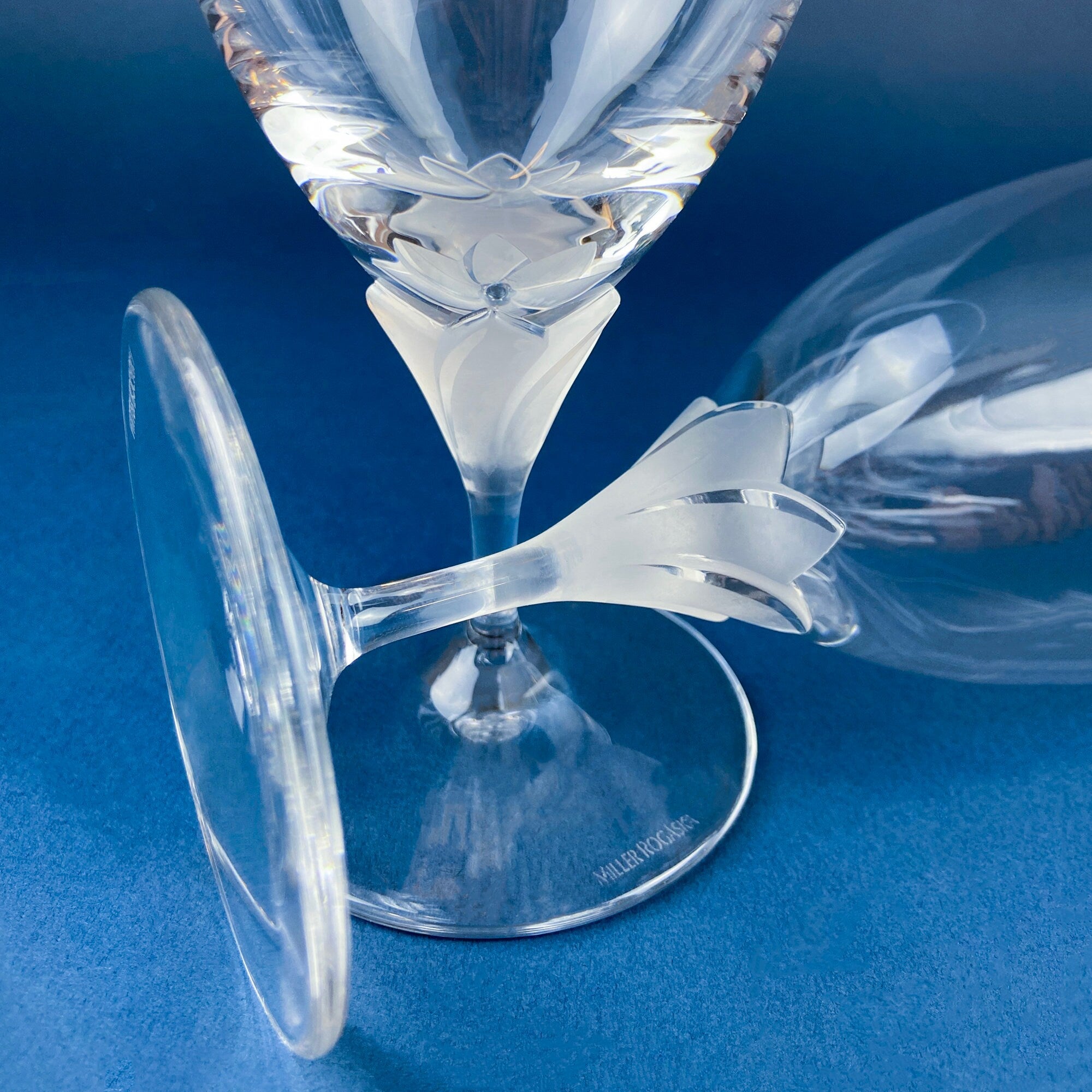 Laura by Rogaska Crystal Water/Iced Tea Goblets. Miller Rogaska Etched on each Glass. Frosted Flower Stem. Stunning Ping. Holiday Celeb.