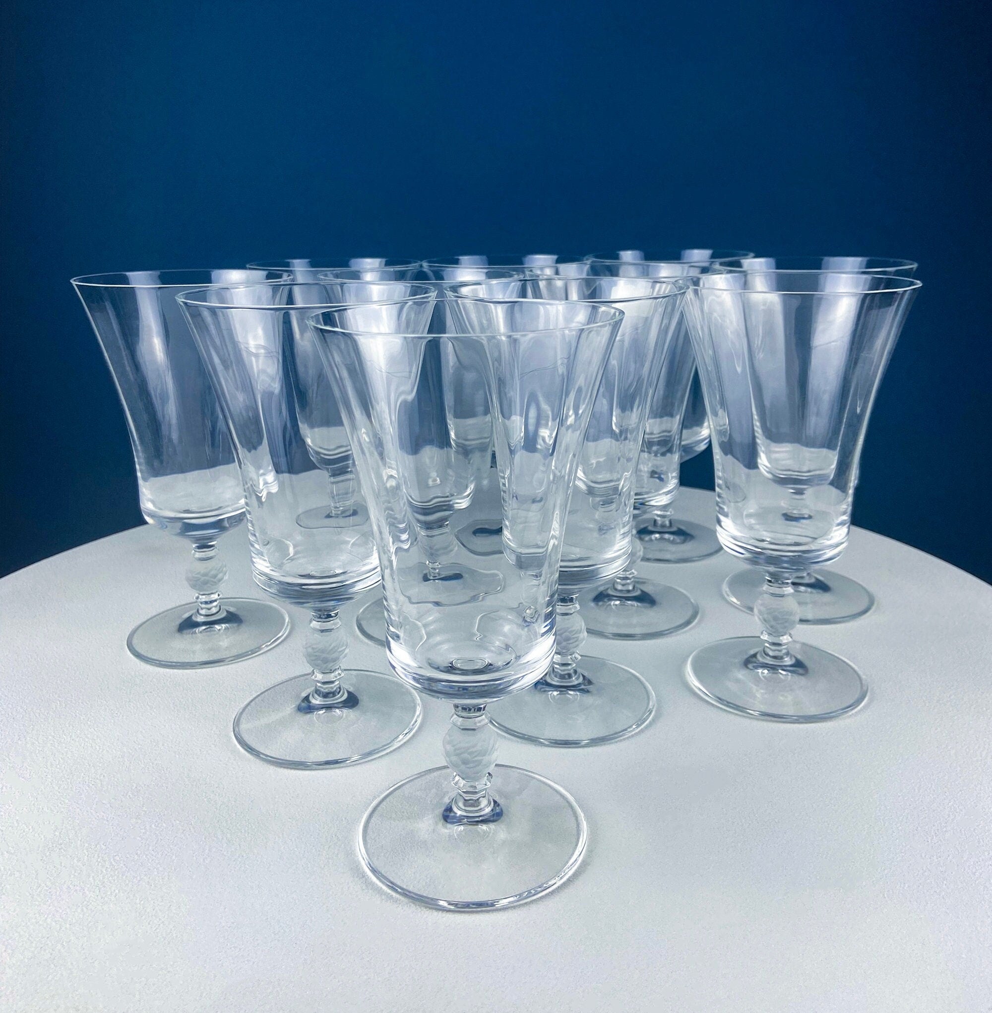 Crystal Water/Ice Tea Goblets with Ball Stem. Enchantress by Mikasa. Frosted Ball Shaped like Berries & Leaves. Set of 10. Beautiful Ping.