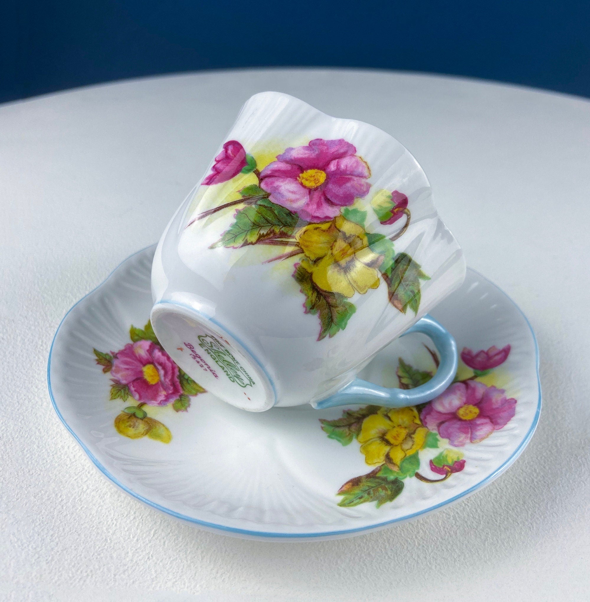 Antique Shelley Cup and Saucer with Begonia Motif . Beautiful, Fine Porcelain. Colorful Flowers and Blue Handle. French Country Living.