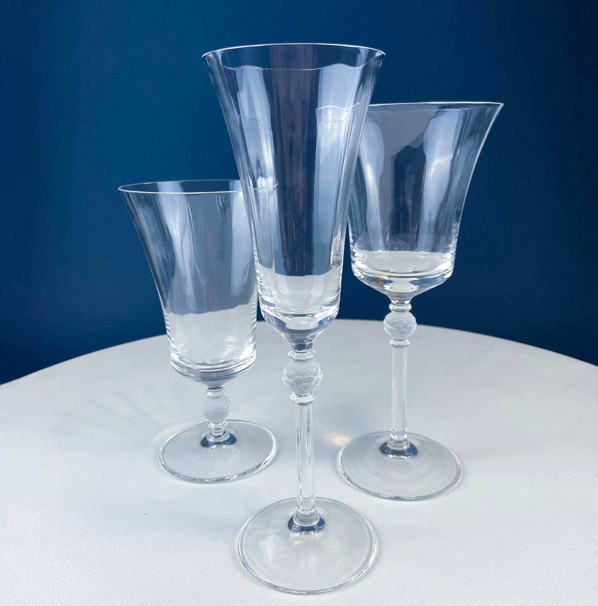 Laura by Rogaska Crystal Water/Iced Tea Goblets. Miller Rogaska Etched on each Glass. Frosted Flower Stem. Stunning Ping. Holiday Celeb.
