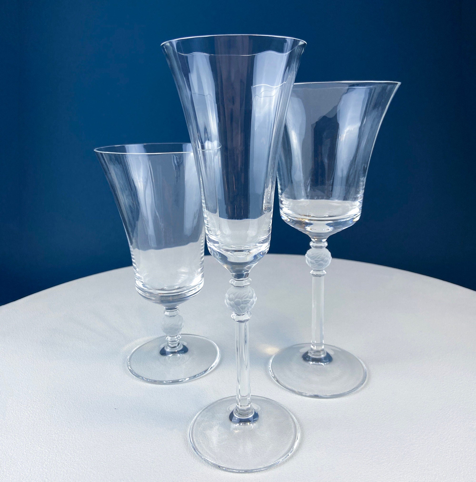 Crystal Champagne Glasses with Ball Stem. Enchantress by Mikasa. Frosted Ball Shaped like Berries & Leaves. Set of 11. Beautiful Ping.