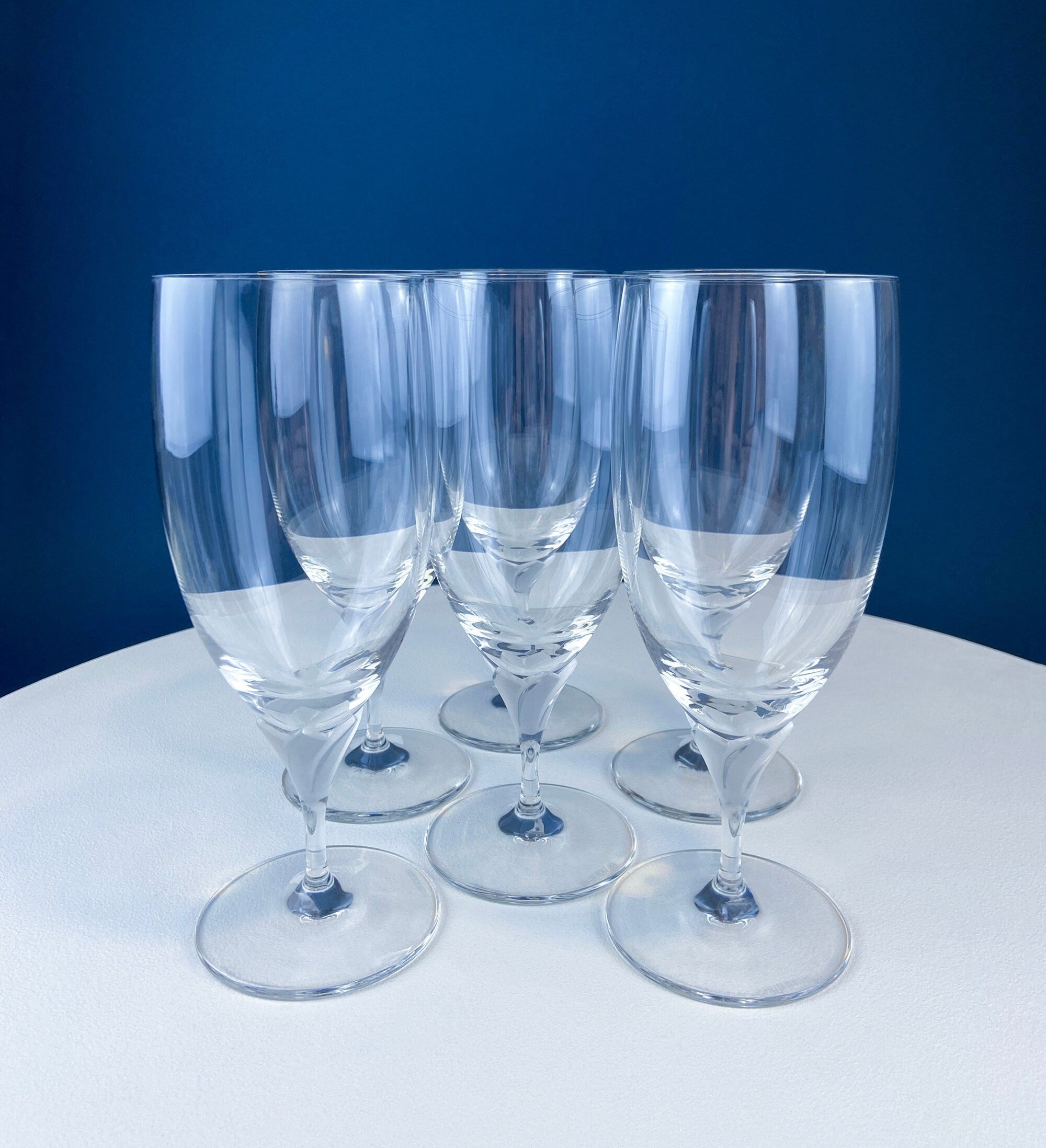 Laura by Rogaska Crystal Water/Iced Tea Goblets. Miller Rogaska Etched on each Glass. Frosted Flower Stem. Stunning Ping. Holiday Celeb.