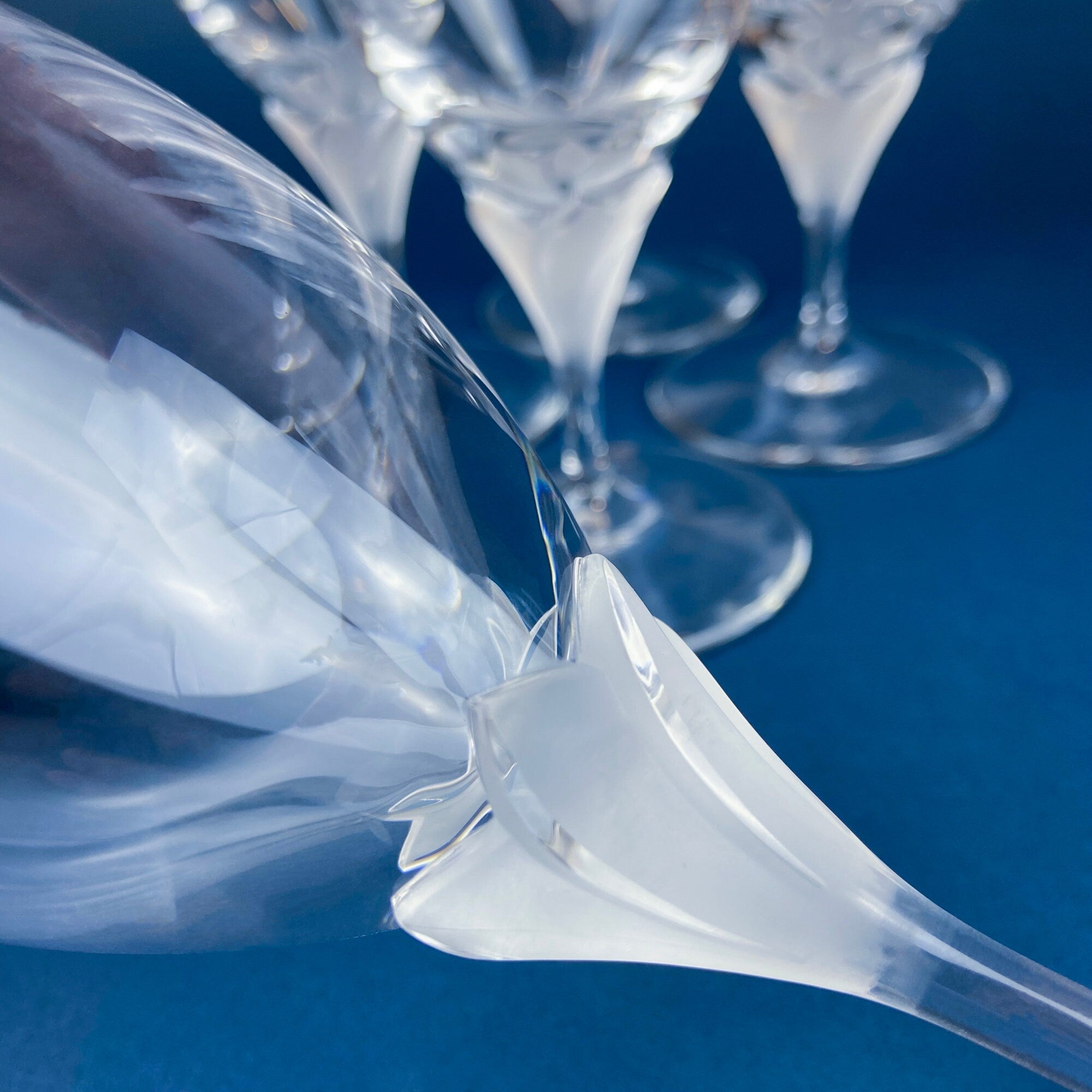 Laura by Rogaska Crystal Water/Iced Tea Goblets. Miller Rogaska Etched on each Glass. Frosted Flower Stem. Stunning Ping. Holiday Celeb.