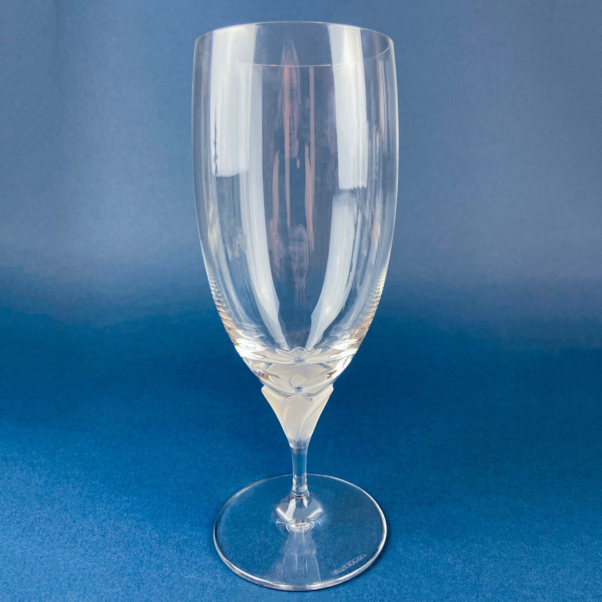 Laura by Rogaska Crystal Water/Iced Tea Goblets. Miller Rogaska Etched on each Glass. Frosted Flower Stem. Stunning Ping. Holiday Celeb.